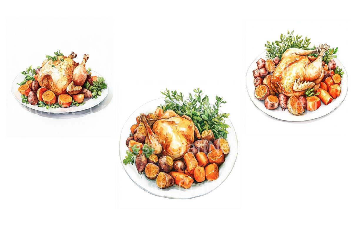 Roasted Chicken And Vegetables Clipart Bundle