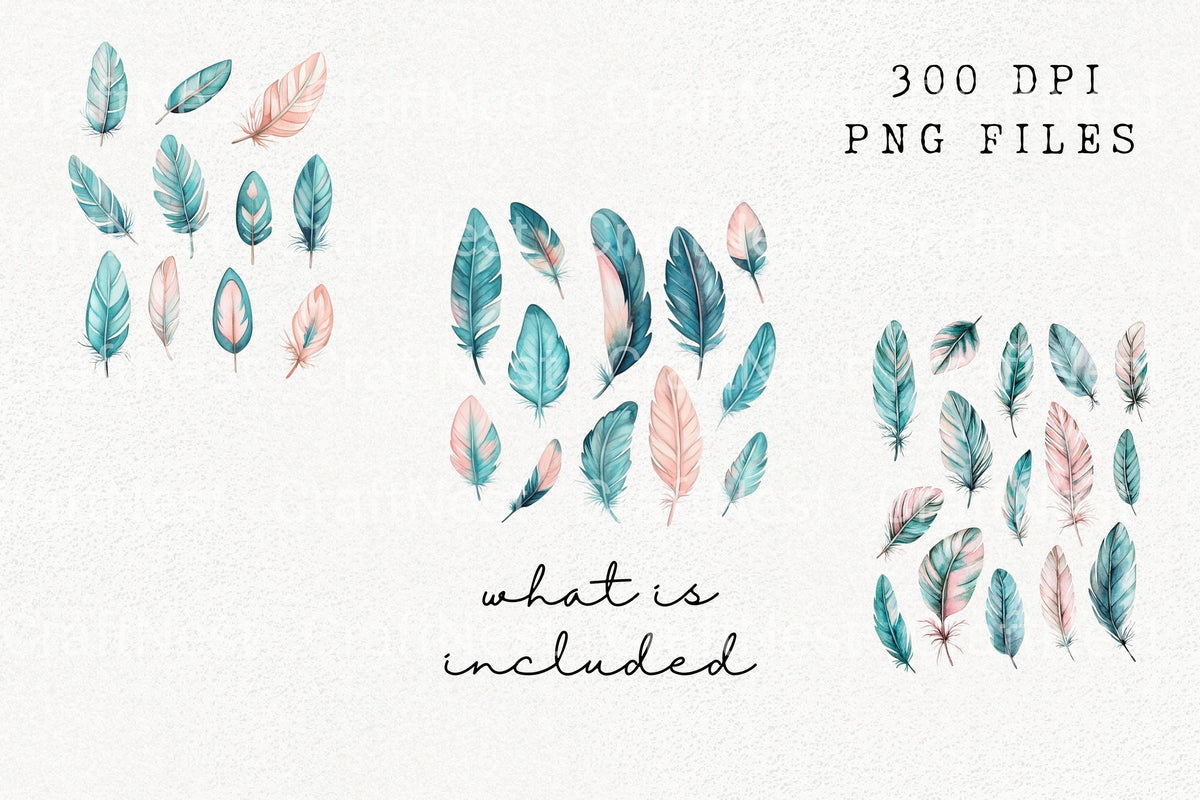Teal And Pink Feathers Clipart Bundle