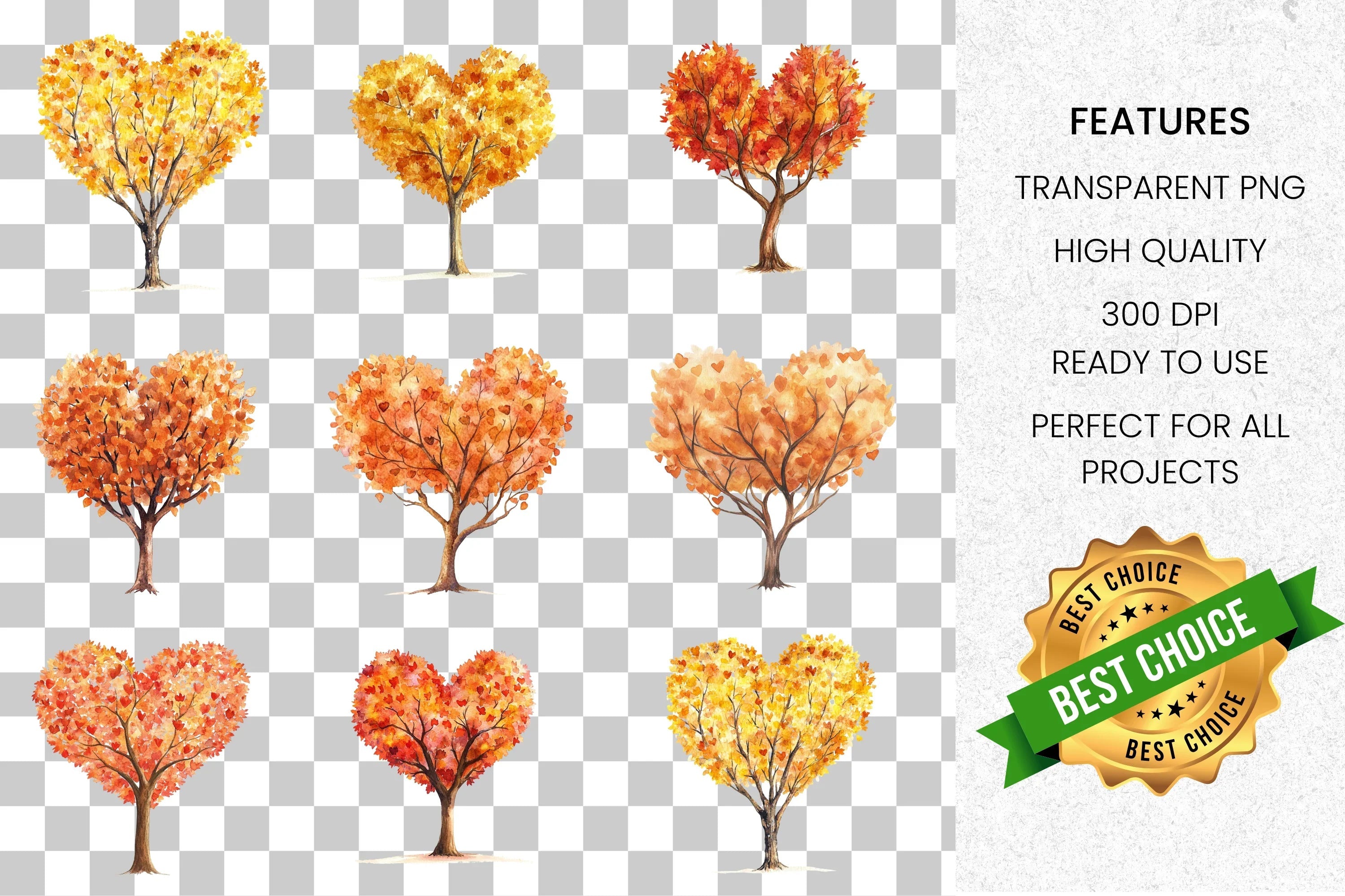 Autumn Heart Trees Clipart Bundle