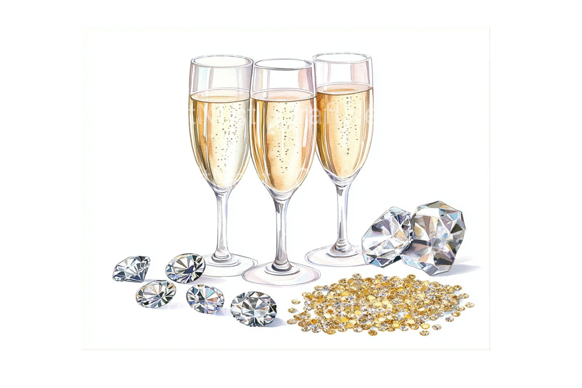 Champagne Glasses Diamonds Glitter Clipart Bundle