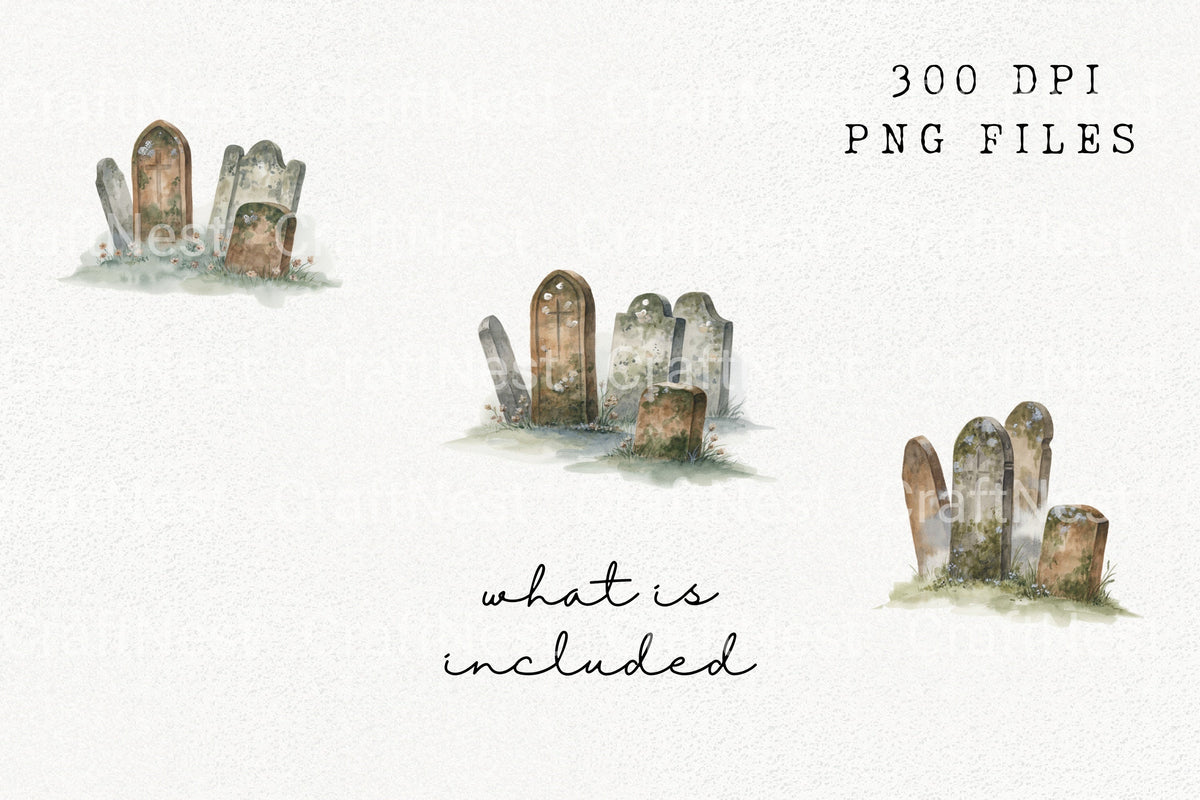 Spooky Graveyard Tombstones Foggy Clipart Bundle