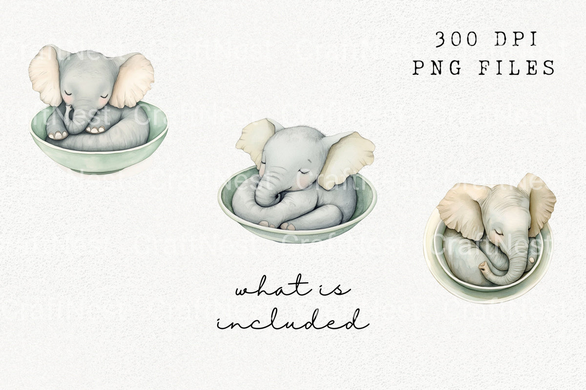 Baby Elephant In Bowl Cute Clipart Bundle