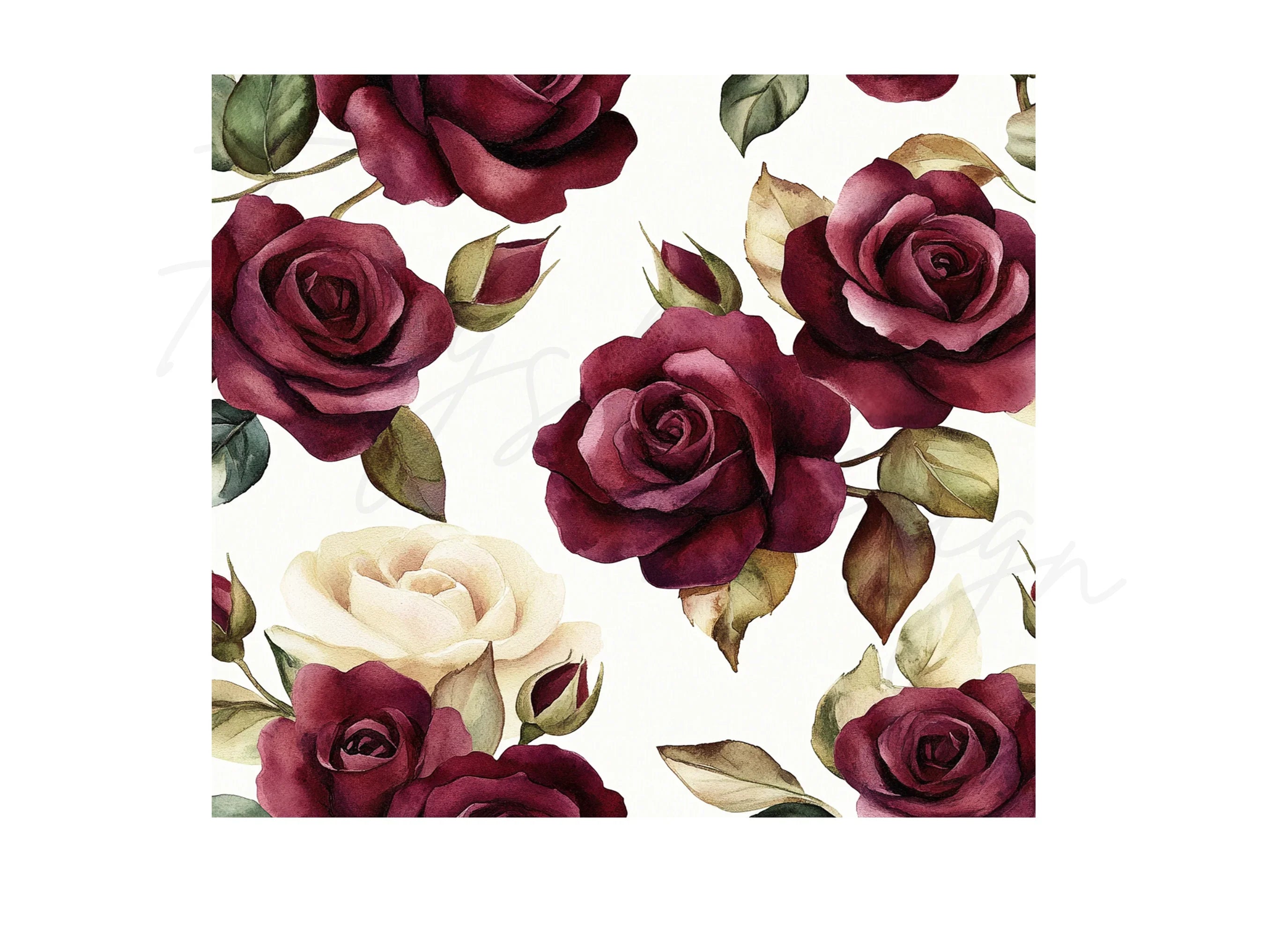 Burgundy and White Rose Seamless Pattern Clipart Bundle