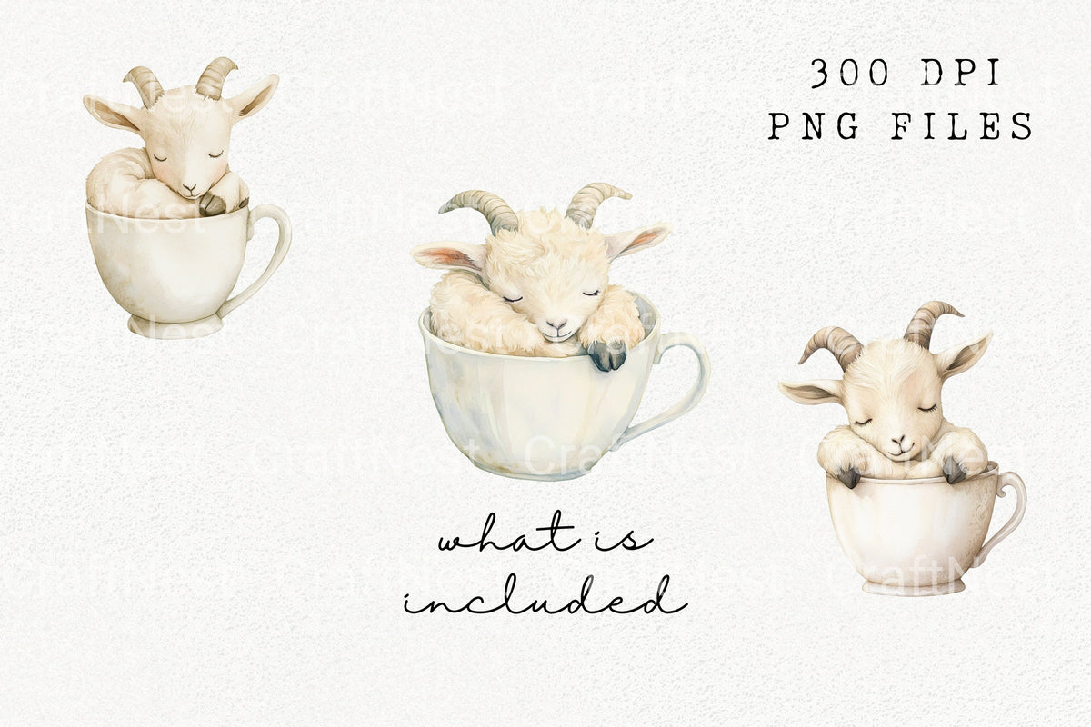 Sleeping Baby Goats In Teacups Designs Clipart Bundle