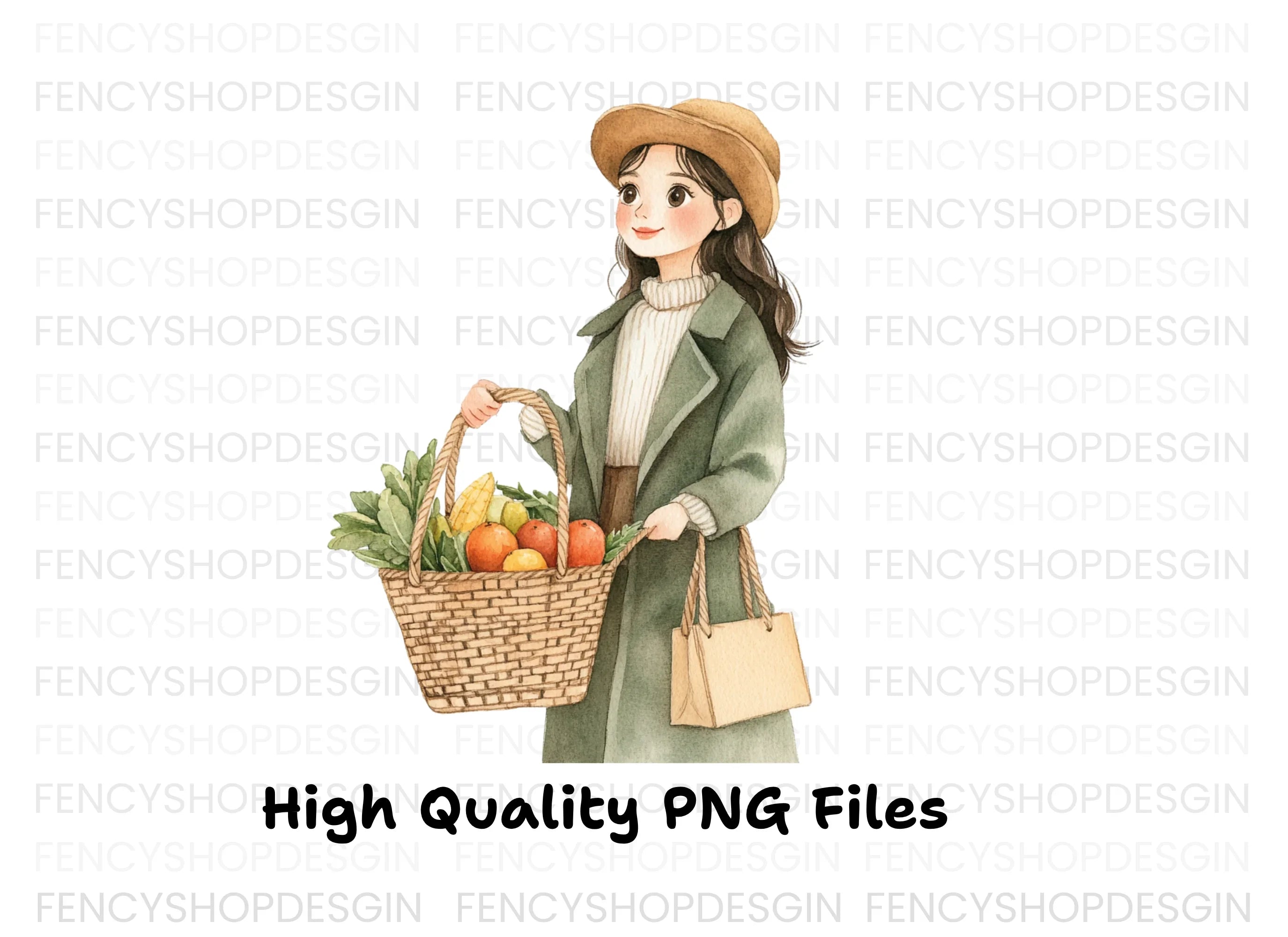 Girls with Baskets of Fresh Produce Clipart Bundle