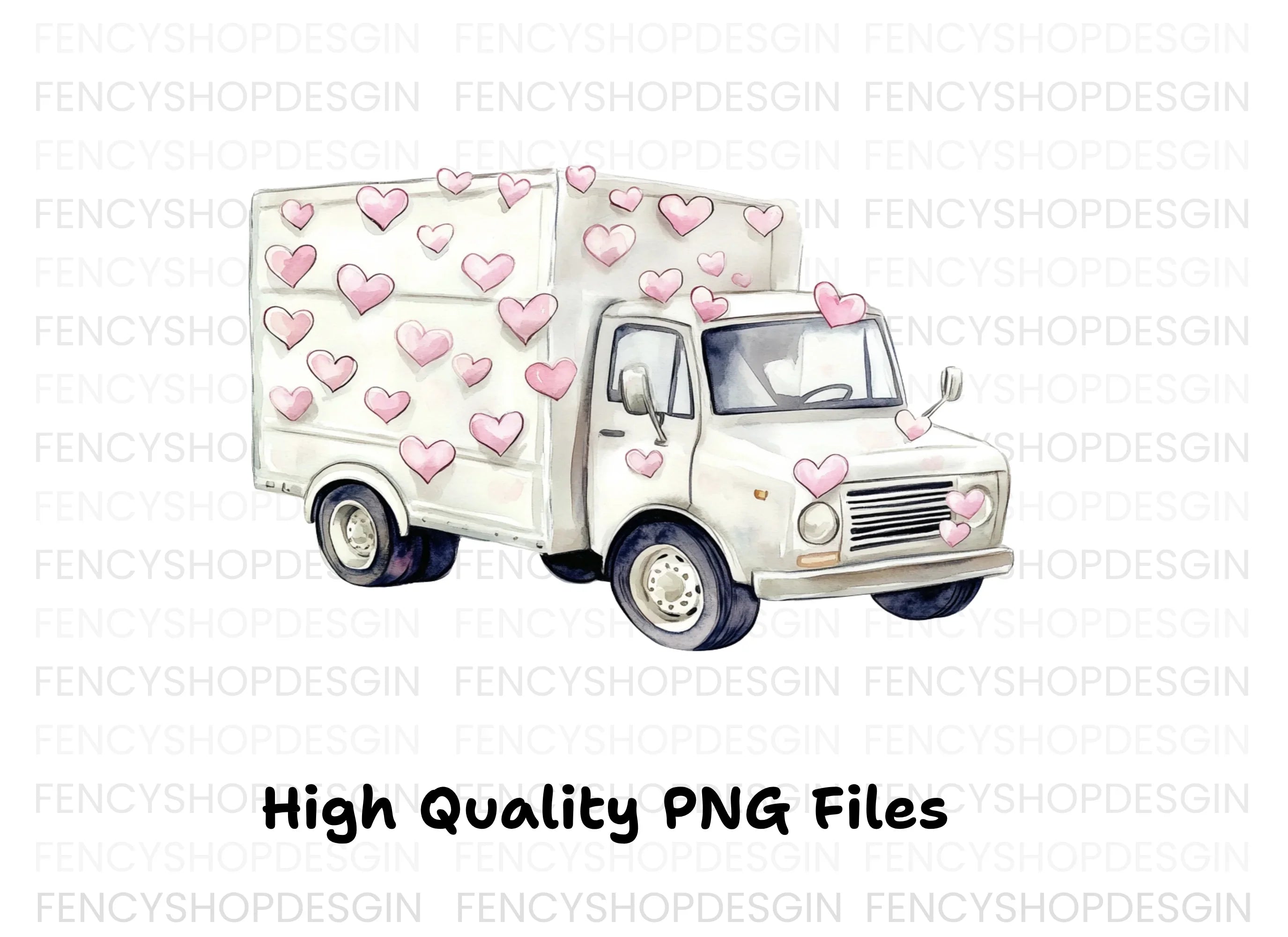 White Valentine Trucks with Heart Garlands Clipart Bundle