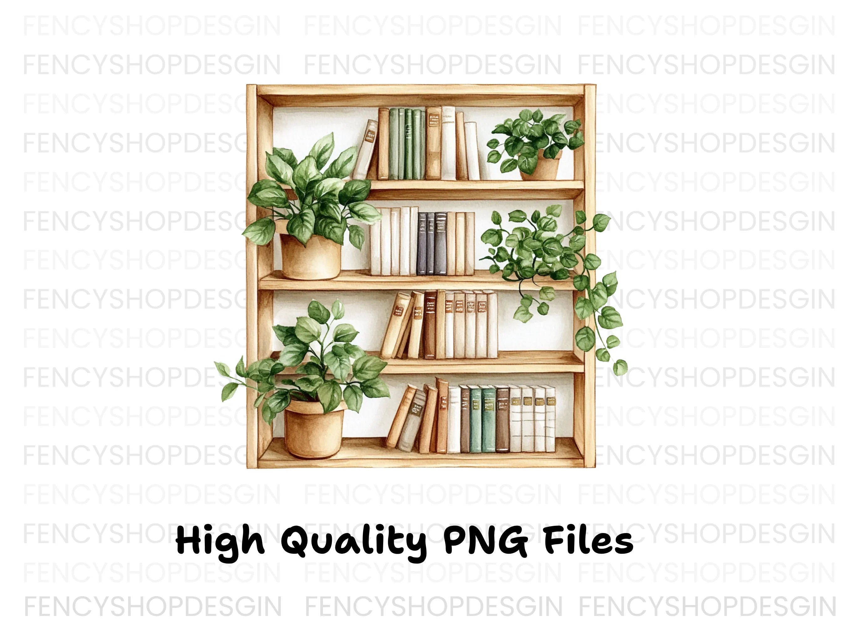 Wooden Bookshelf with Plants Clipart Bundle