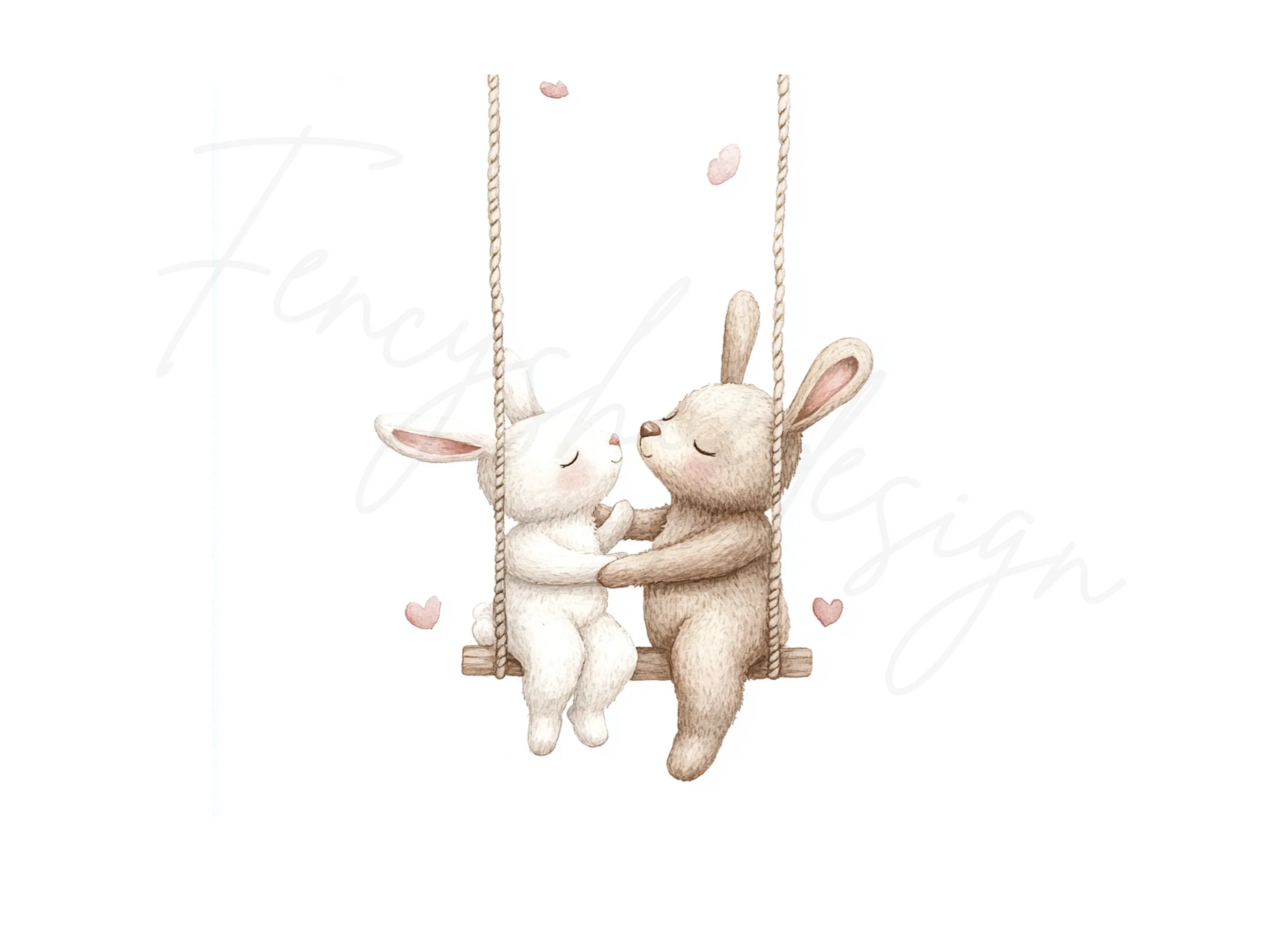 Cute Bunny and Bear Couple on Swings Clipart Bundle