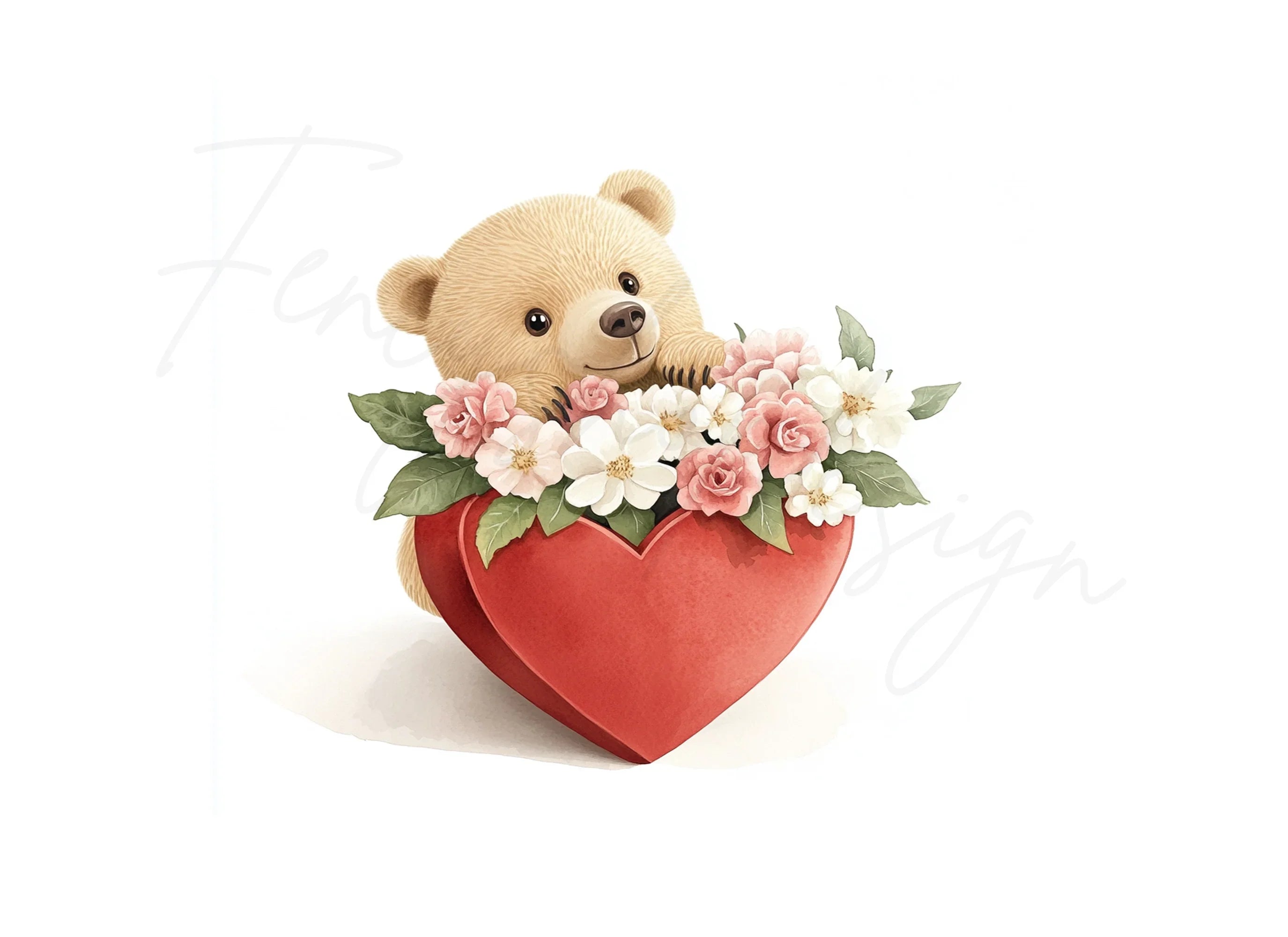 Cute Bear in Heart with Flowers Clipart Bundle