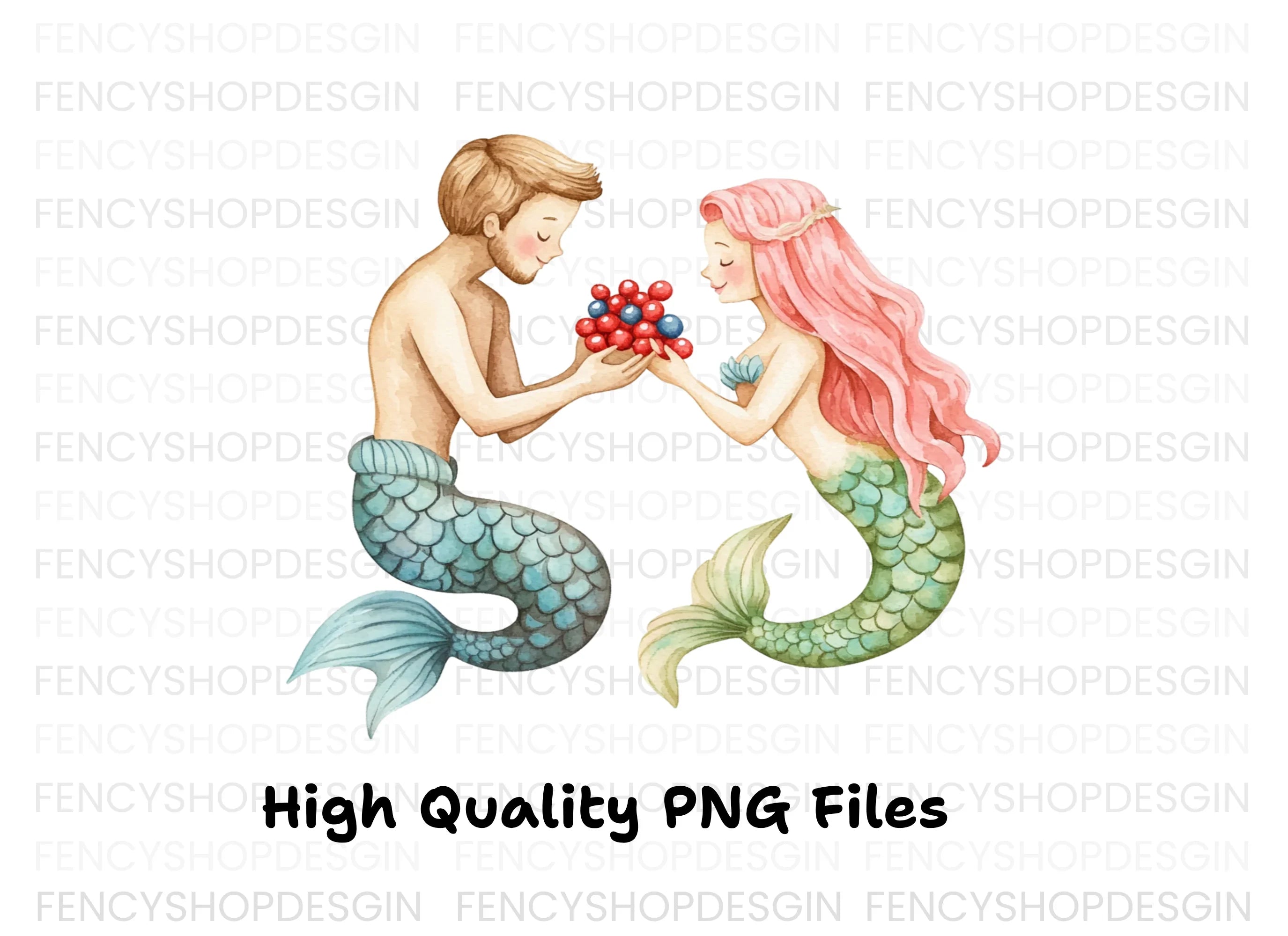 Sweet Mermaid Couple with Berries Clipart Bundle