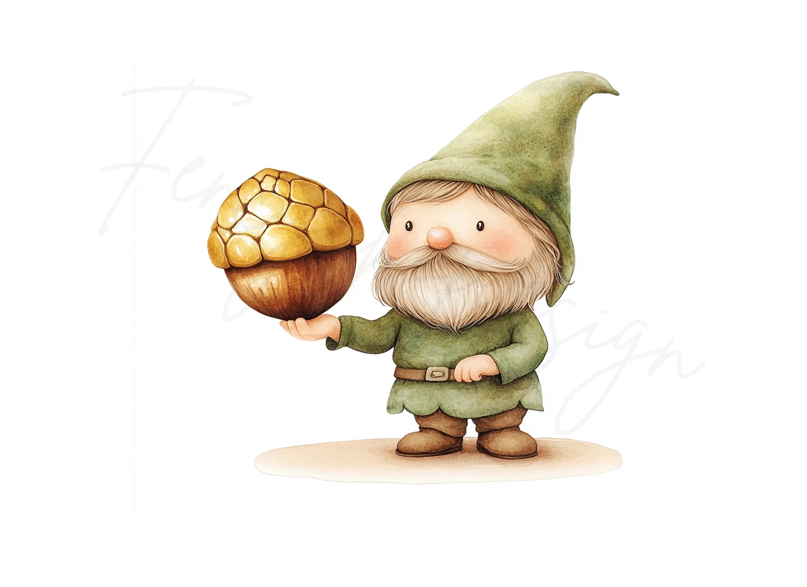 Cute Garden Gnome with Golden Acorn Clipart Bundle