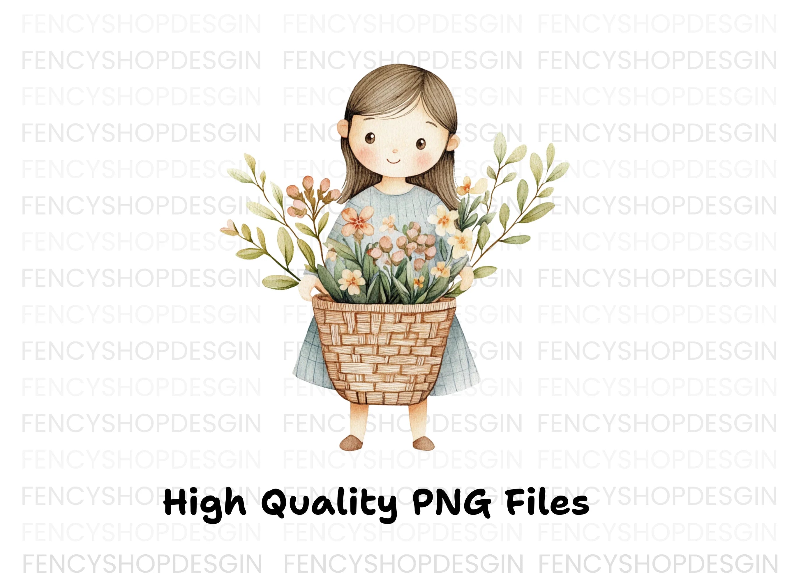 Sweet Girl with Flower Basket Clipart Bundle