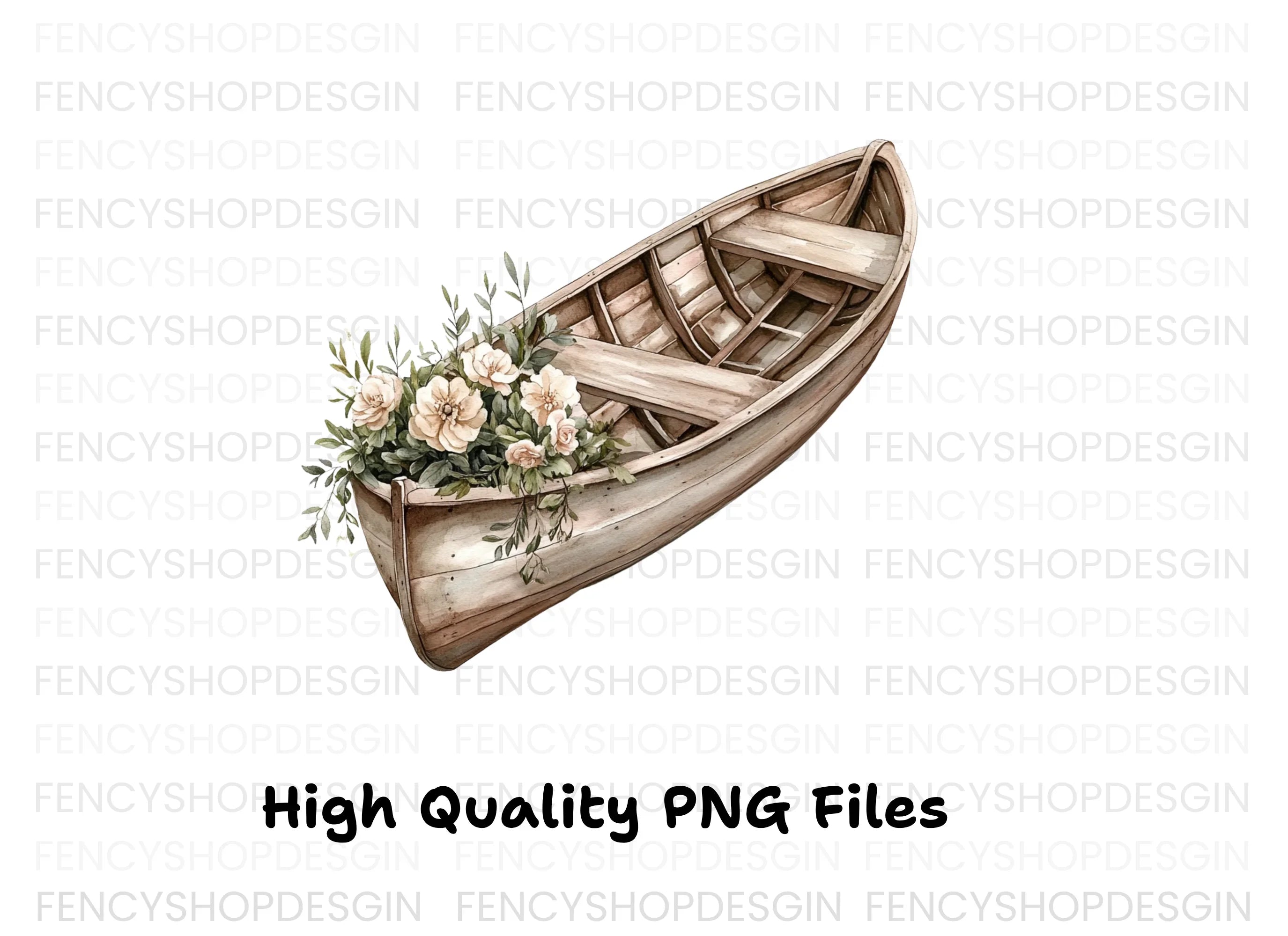 Rustic Wooden Boat with Neutral Flowers Clipart Bundle