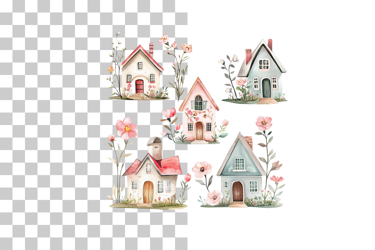 Floral Whimsical Village Cottages Clipart Bundle