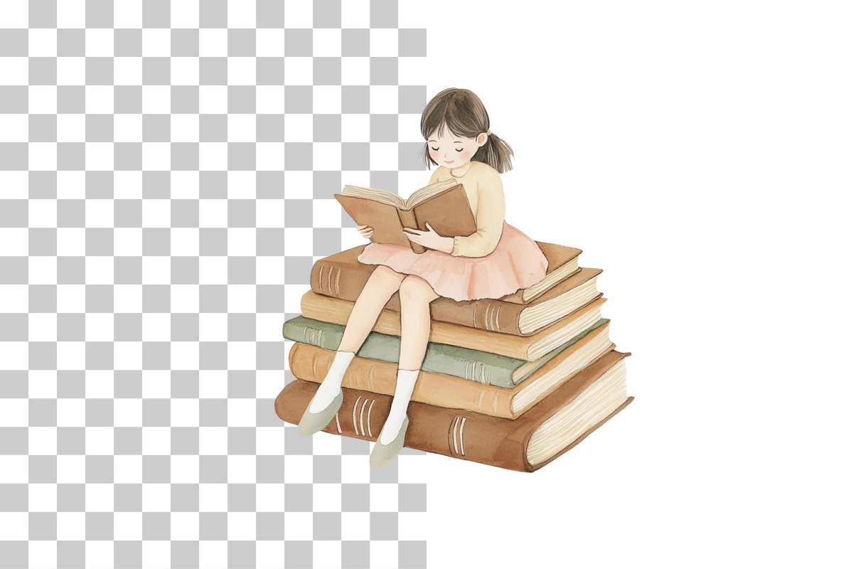 Girl Reading on Book Stack Clipart Bundle