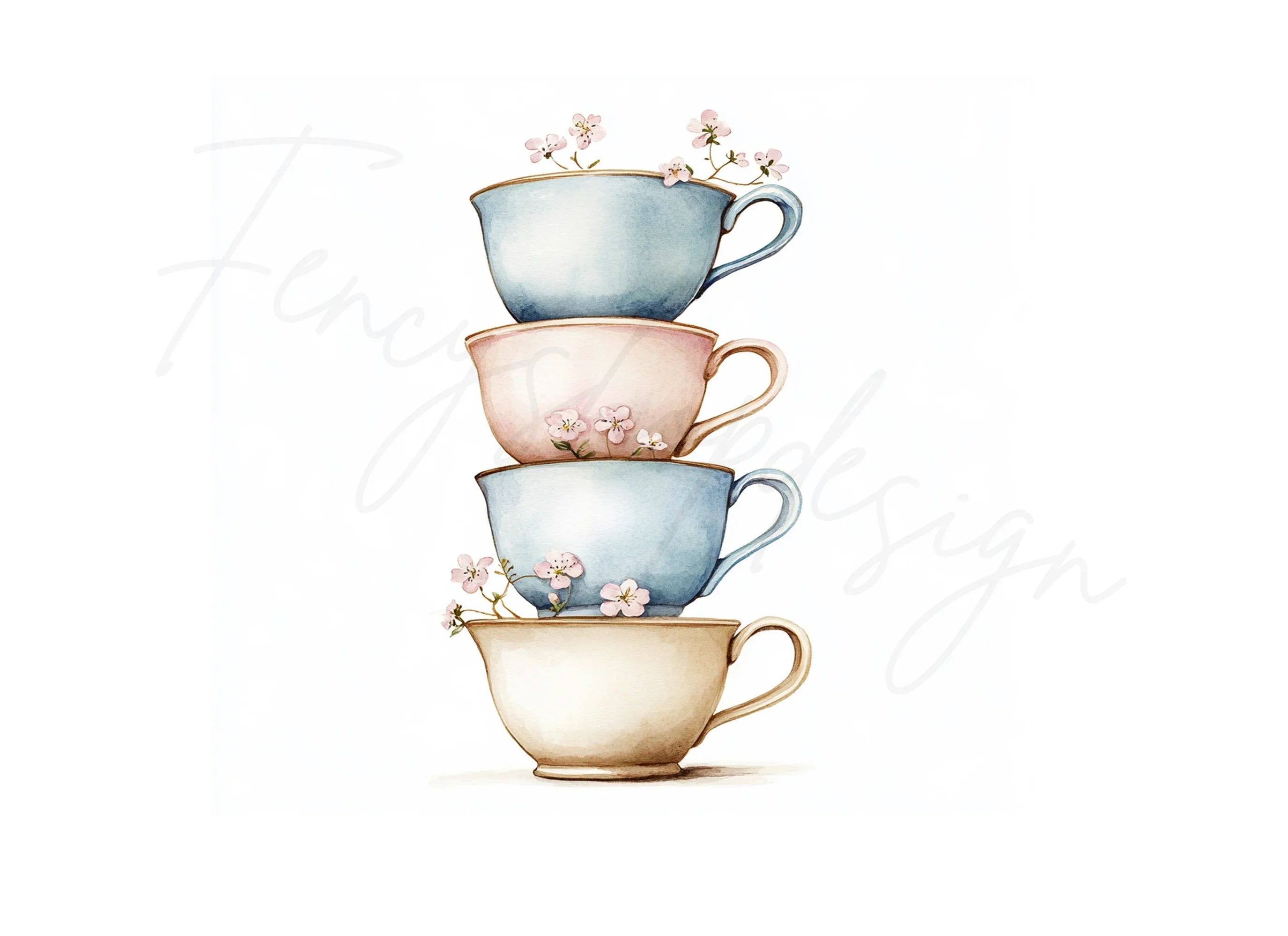 Stacked Pastel Teacups Clipart Bundle