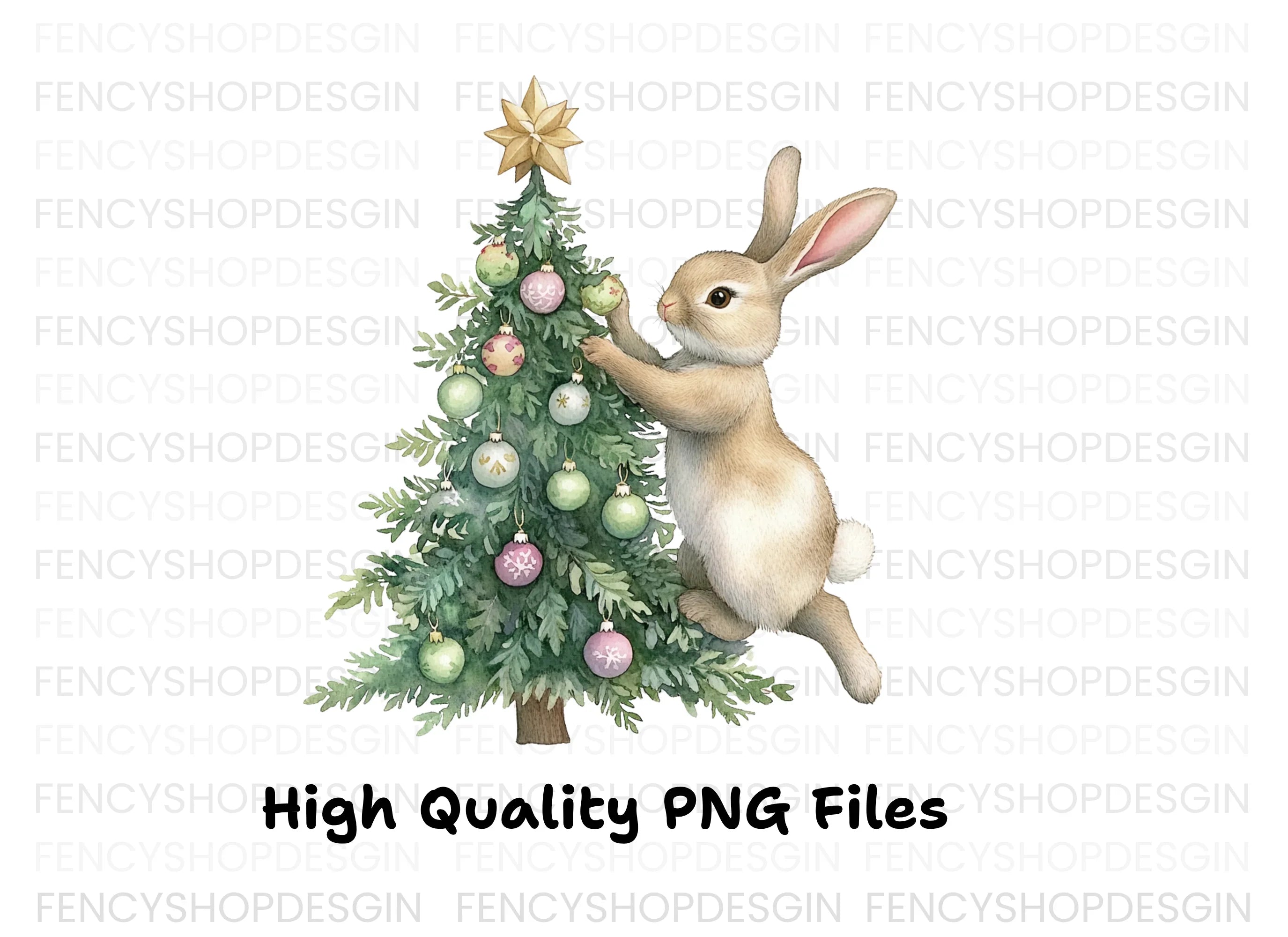 Brown Bunnies Decorating Christmas Tree Clipart Bundle