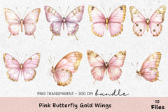 Pink Butterfly Gold Wings Clipart Bundle - CraftNest - Digital Crafting and Art