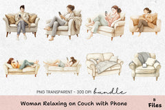 Relaxing Woman on Couch with Phone Clipart Bundle - CraftNest - Digital Crafting and Art