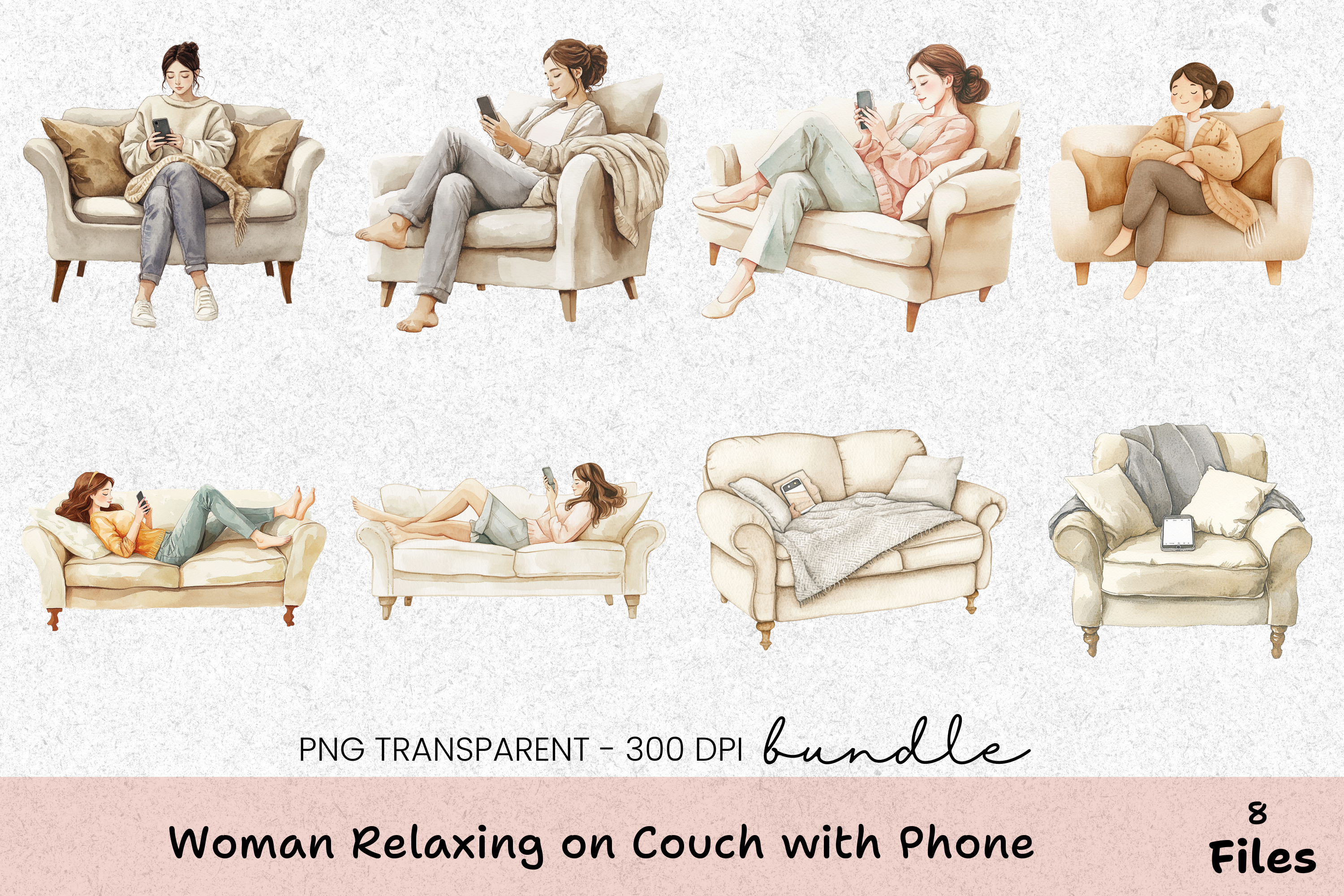 Relaxing Woman on Couch with Phone Clipart Bundle
