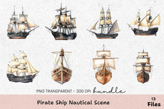 Pirate Ship Nautical Scene Clipart Bundle - CraftNest - Digital Crafting and Art