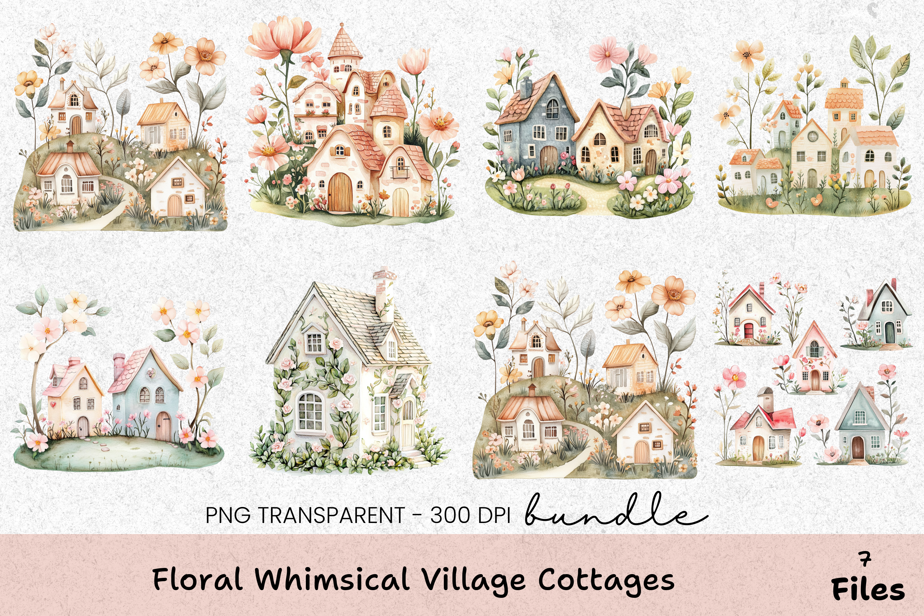 Floral Whimsical Village Cottages Clipart Bundle
