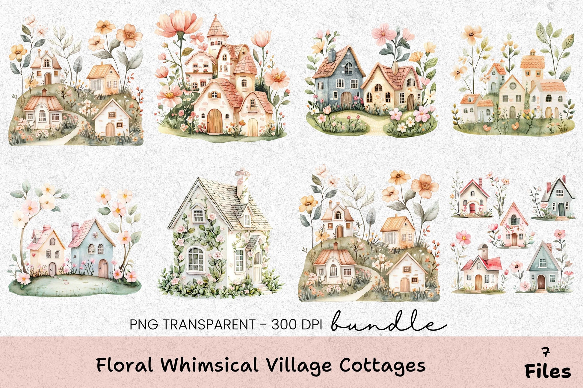 Floral Whimsical Village Cottages Clipart Bundle - CraftNest - Digital Crafting and Art