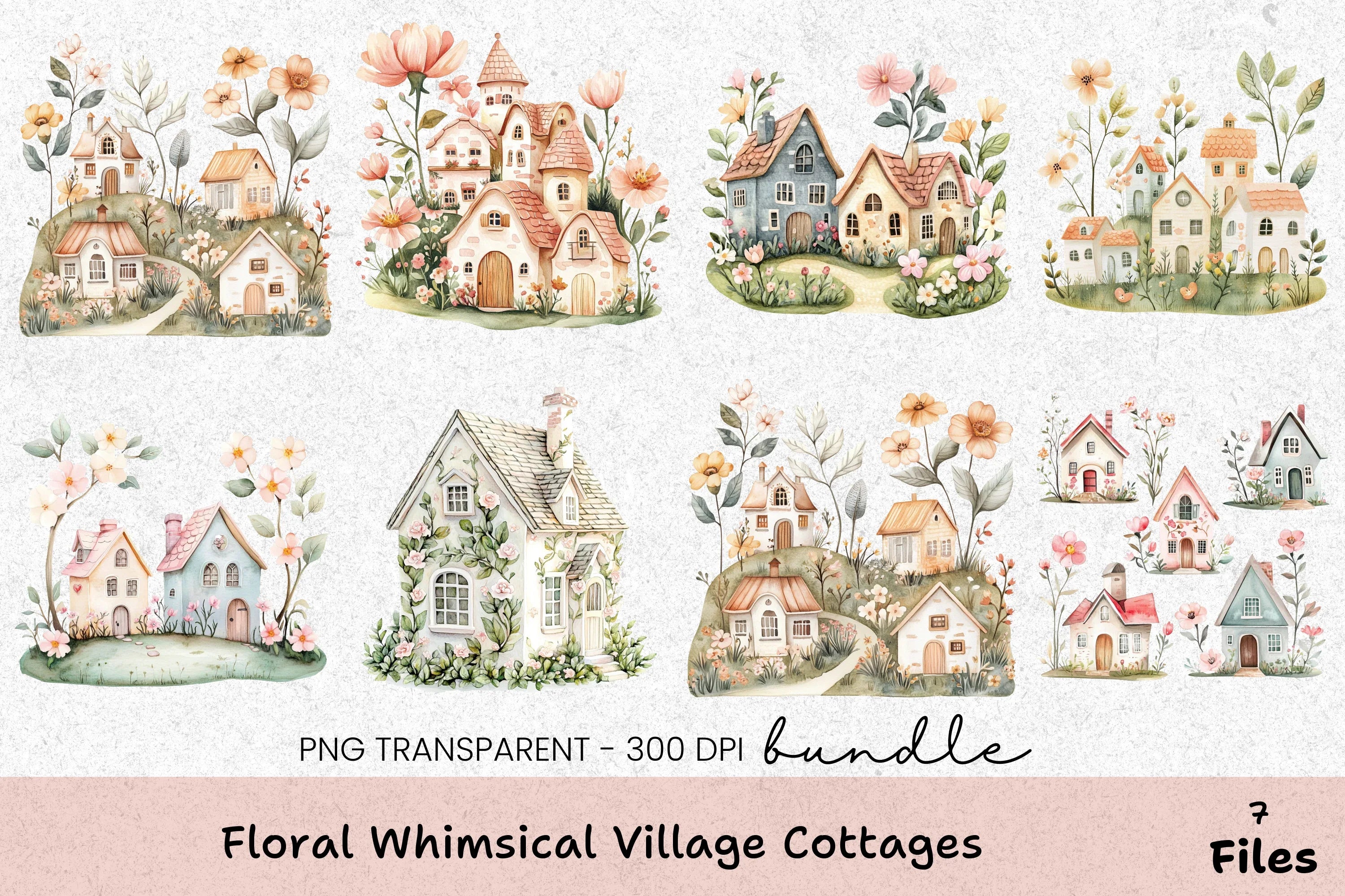 Floral Whimsical Village Cottages Clipart Bundle - CraftNest - Digital Crafting and Art