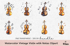 Vintage Violin Clipart Bundle with Musical Notes - CraftNest - Digital Crafting and Art