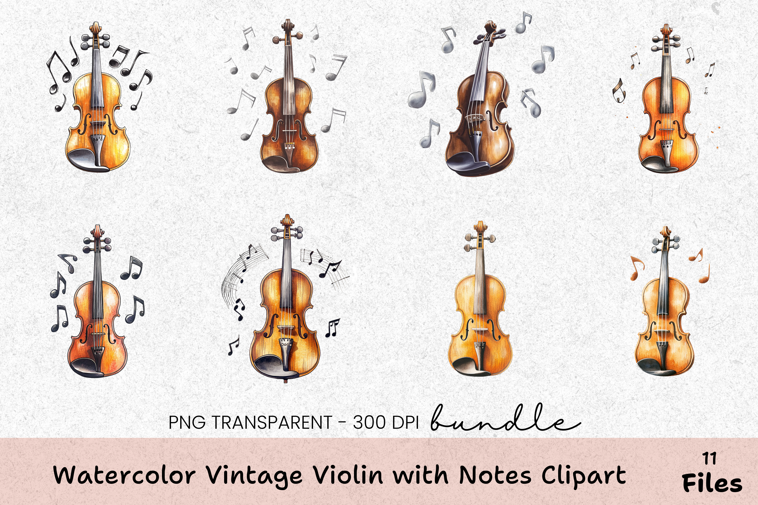 Vintage Violin Clipart Bundle with Musical Notes