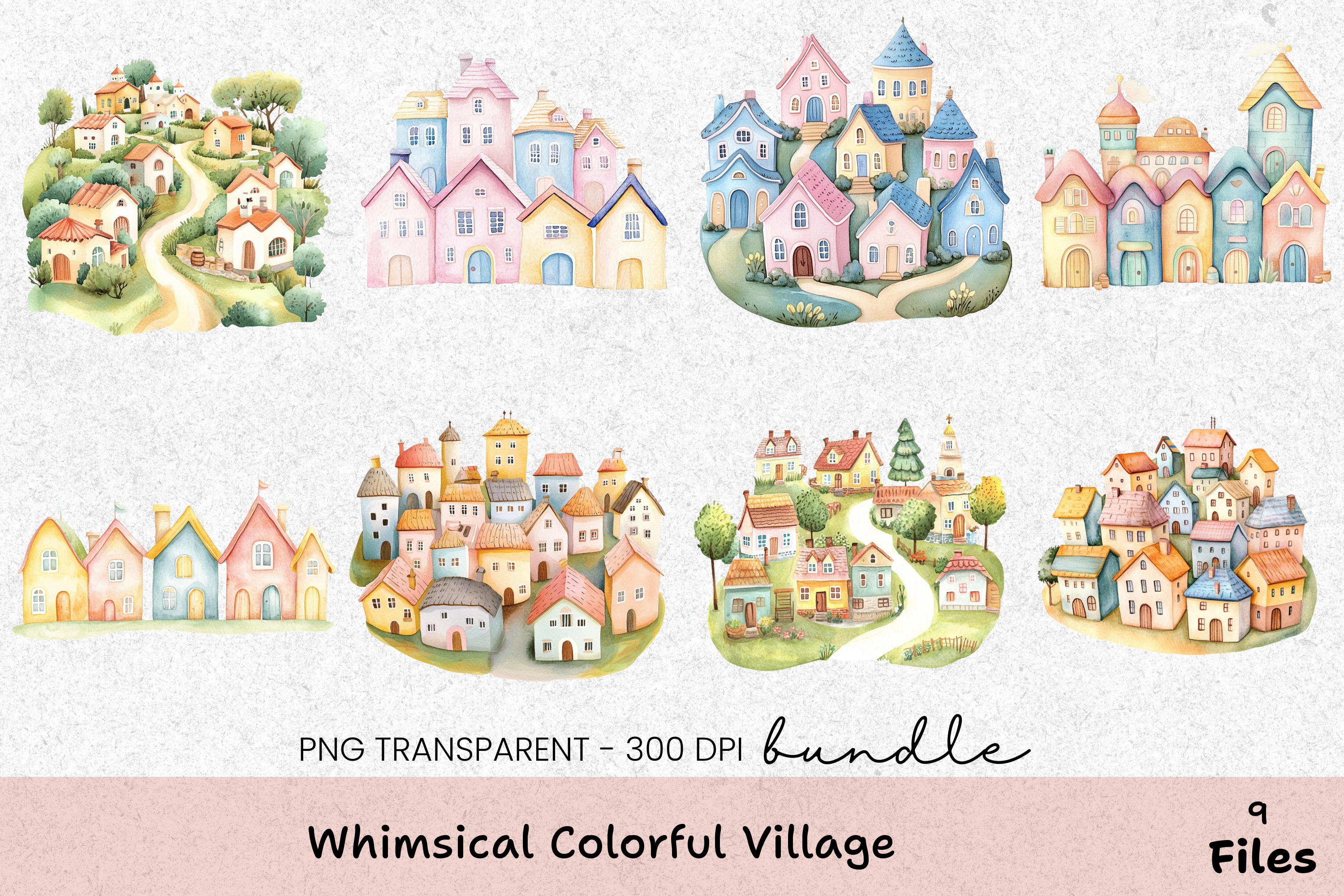 Whimsical Colorful Village Clipart Bundle
