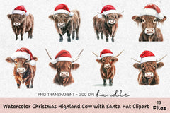 Christmas Highland Cow with Santa Hat Clipart Bundle - CraftNest - Digital Crafting and Art