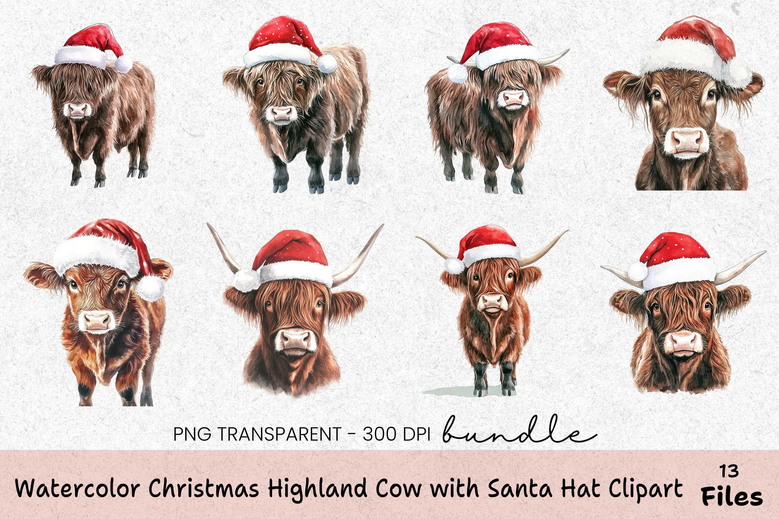Christmas Highland Cow with Santa Hat Clipart Bundle - CraftNest - Digital Crafting and Art