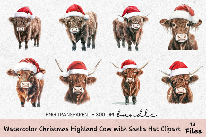 Christmas Highland Cow with Santa Hat Clipart Bundle - CraftNest - Digital Crafting and Art