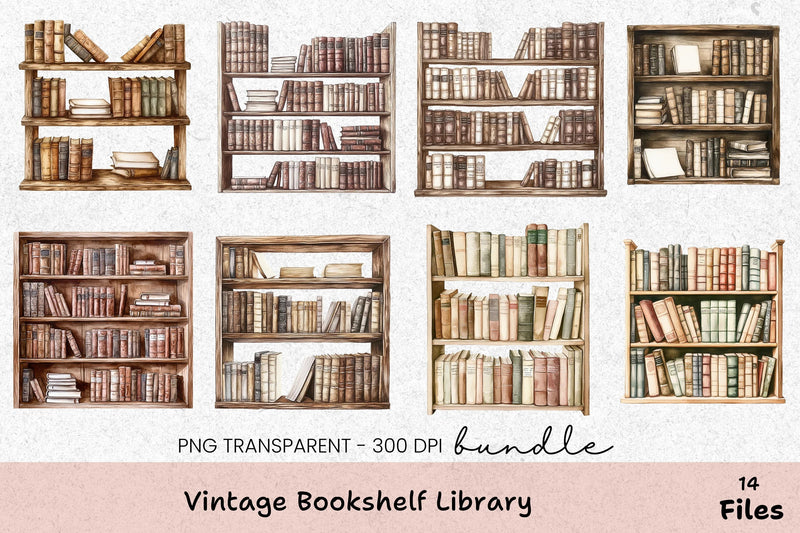 Vintage Bookshelf Library Clipart Bundle - CraftNest - Digital Crafting and Art