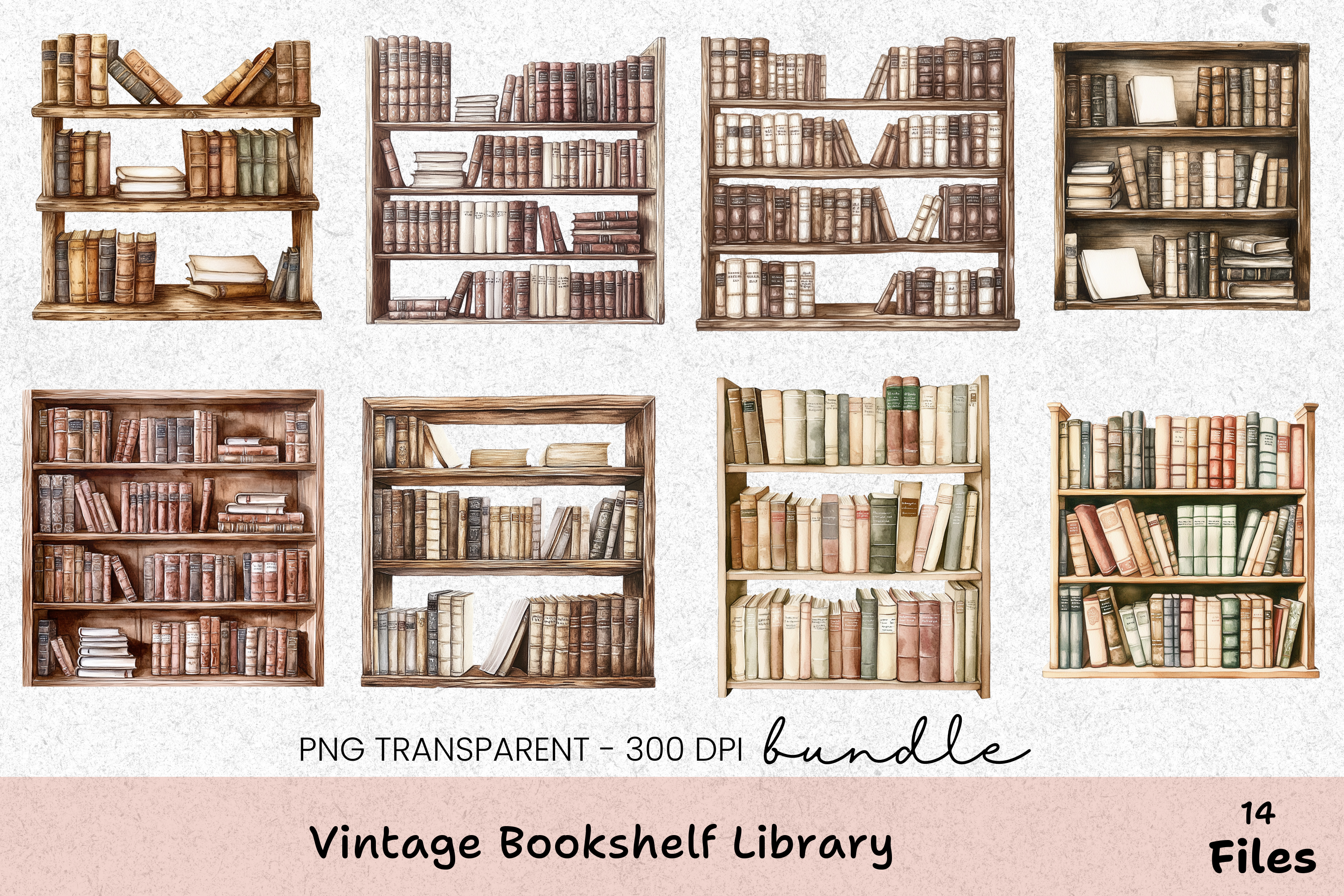 Vintage Bookshelf Library Clipart Bundle