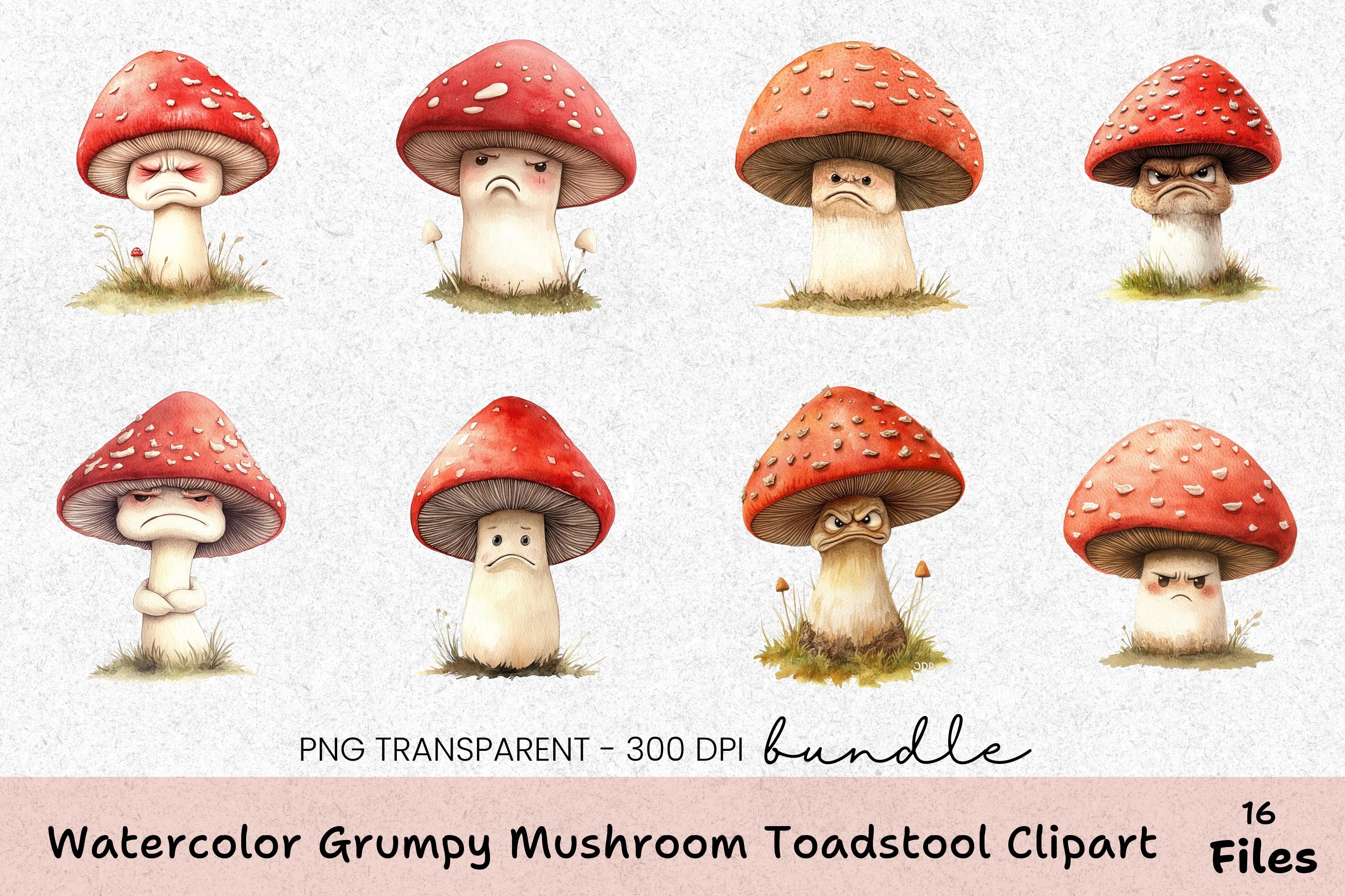 Grumpy Mushroom Toadstool Clipart Bundle