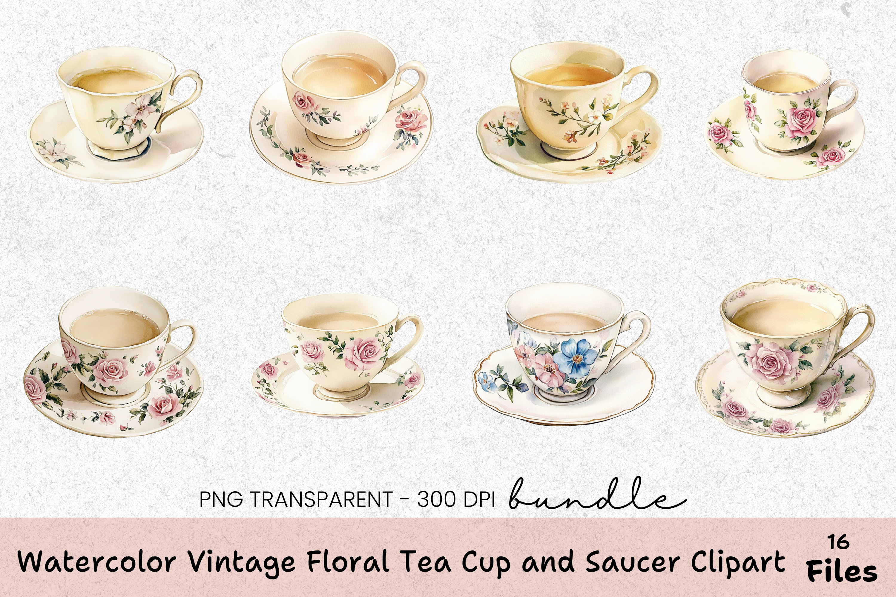 Vintage Floral Tea Cup and Saucer Clipart Bundle