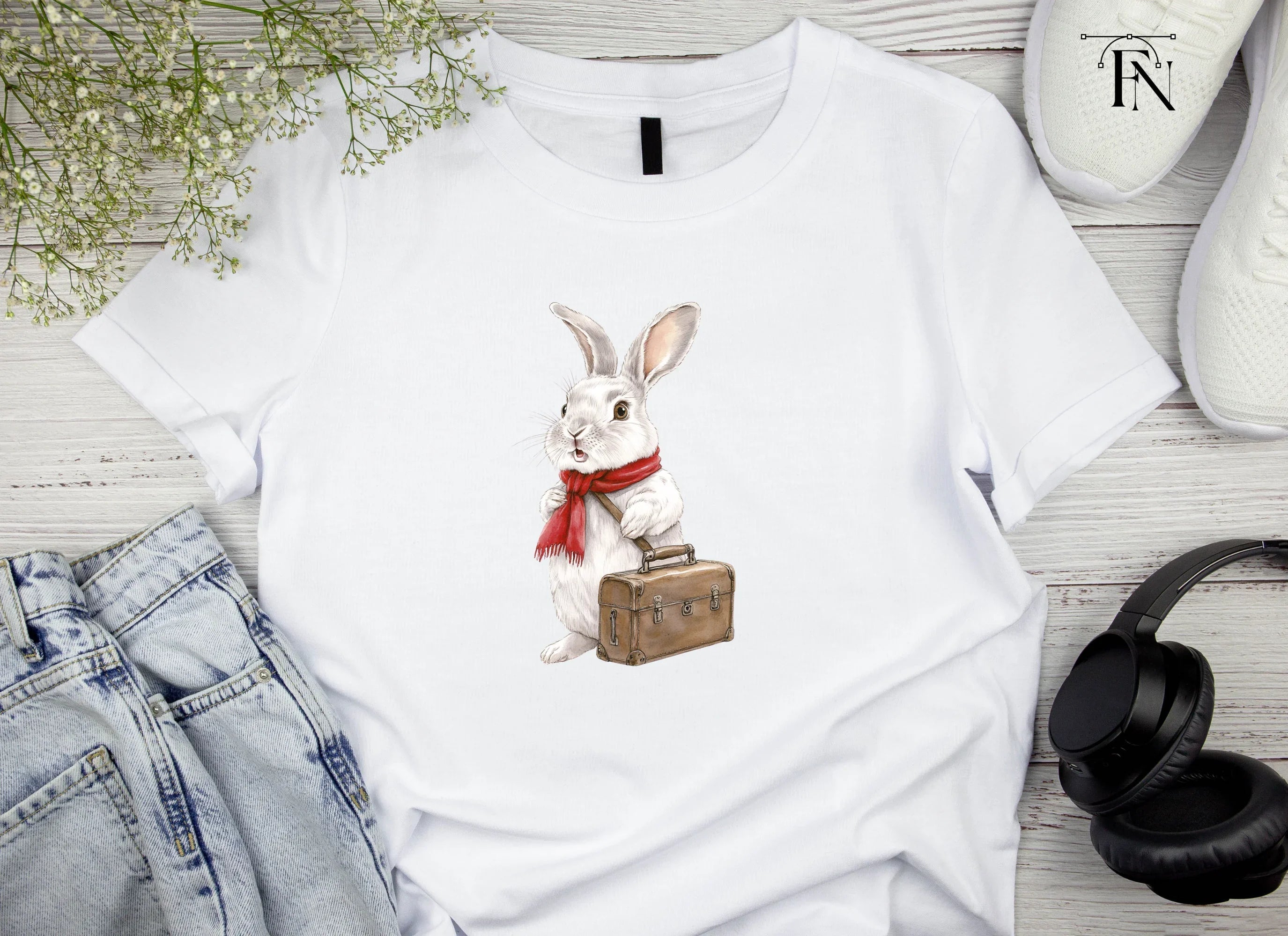 White Rabbit with Scarf and Suitcase Clipart Bundle