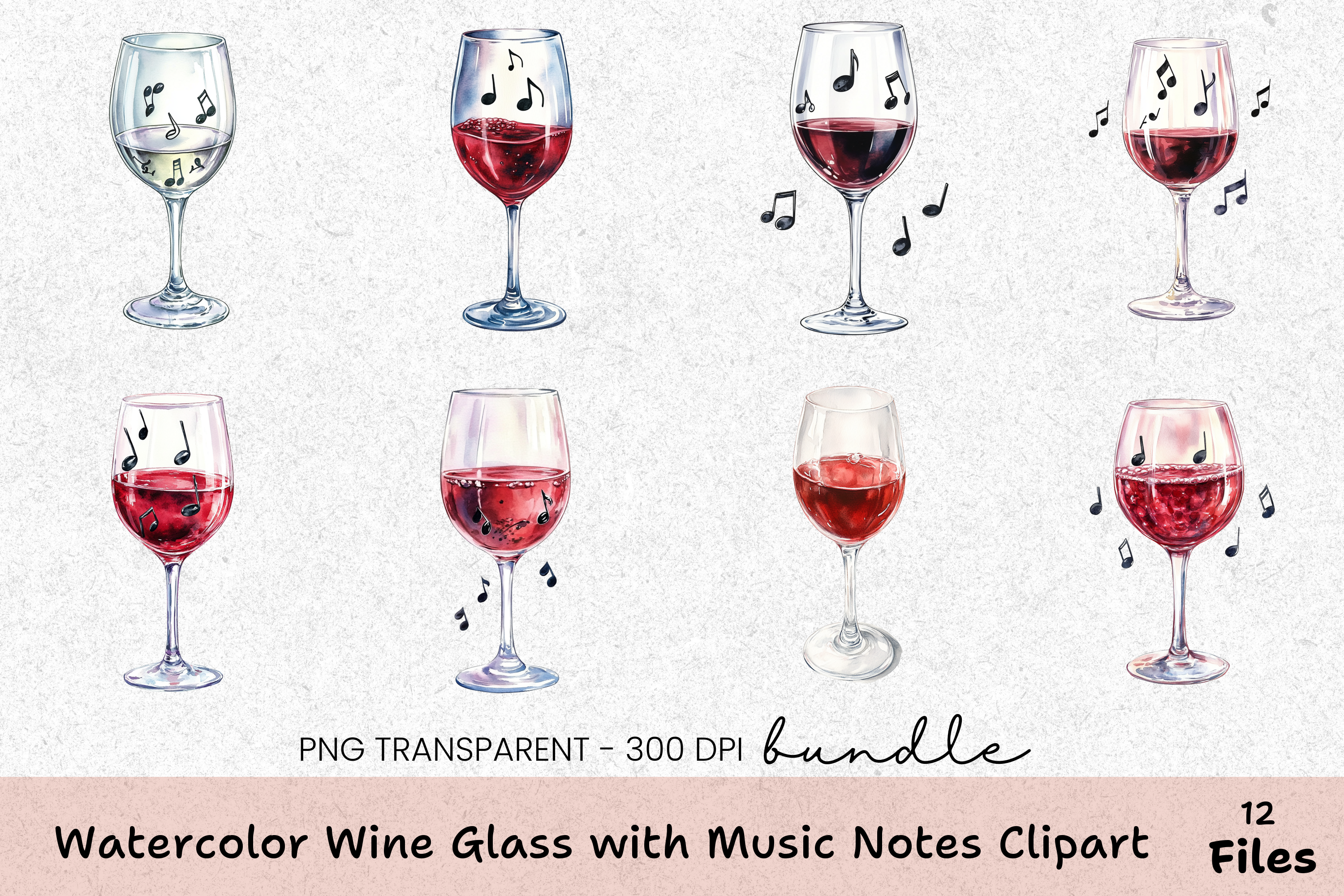 Wine Glass Music Notes Clipart Bundle