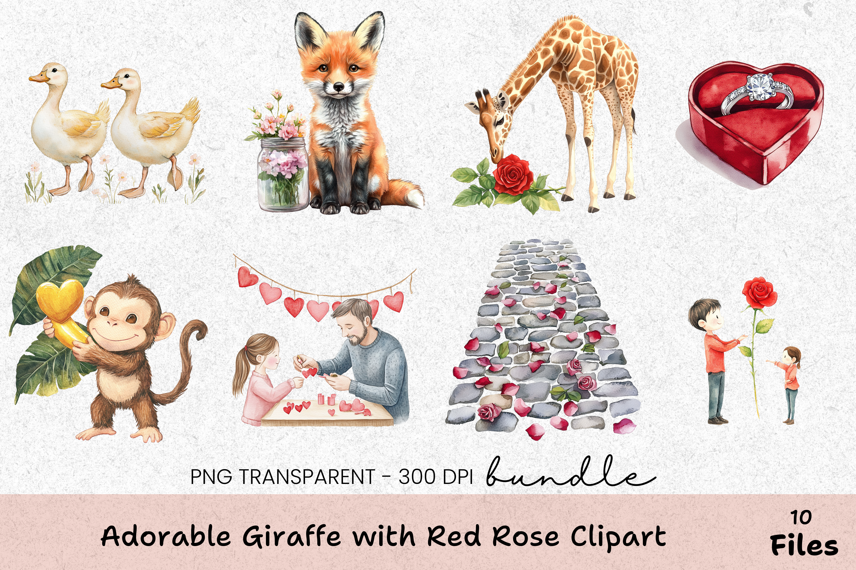 Adorable Giraffe with Red Rose Clipart Bundle