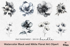 Black and White Floral Art Clipart Bundle - CraftNest - Digital Crafting and Art