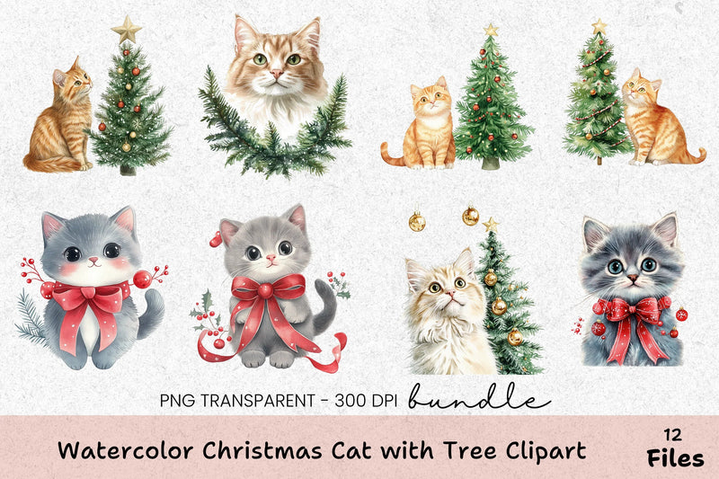Christmas Cat with Tree Clipart Bundle - CraftNest - Digital Crafting and Art