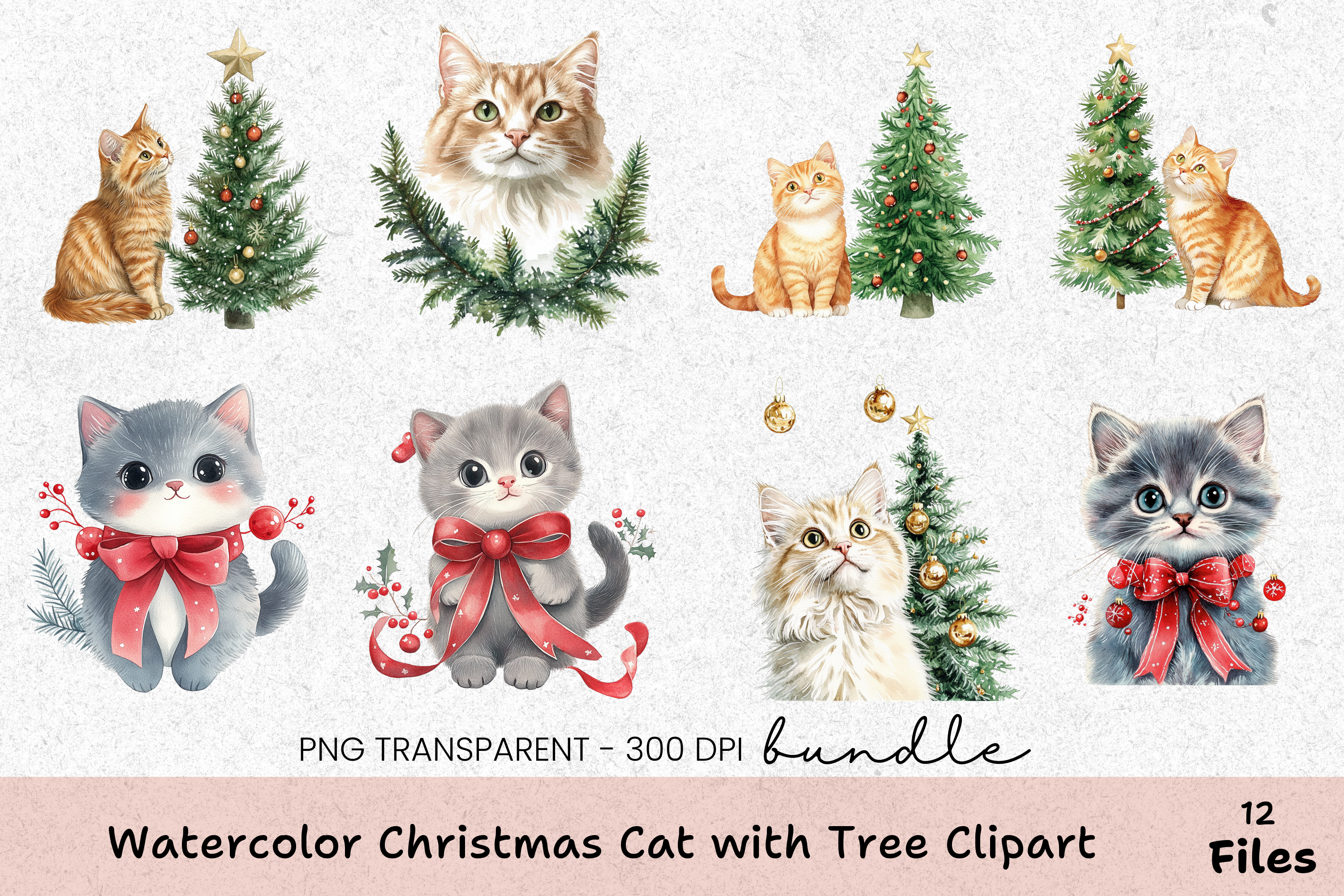 Christmas Cat with Tree Clipart Bundle