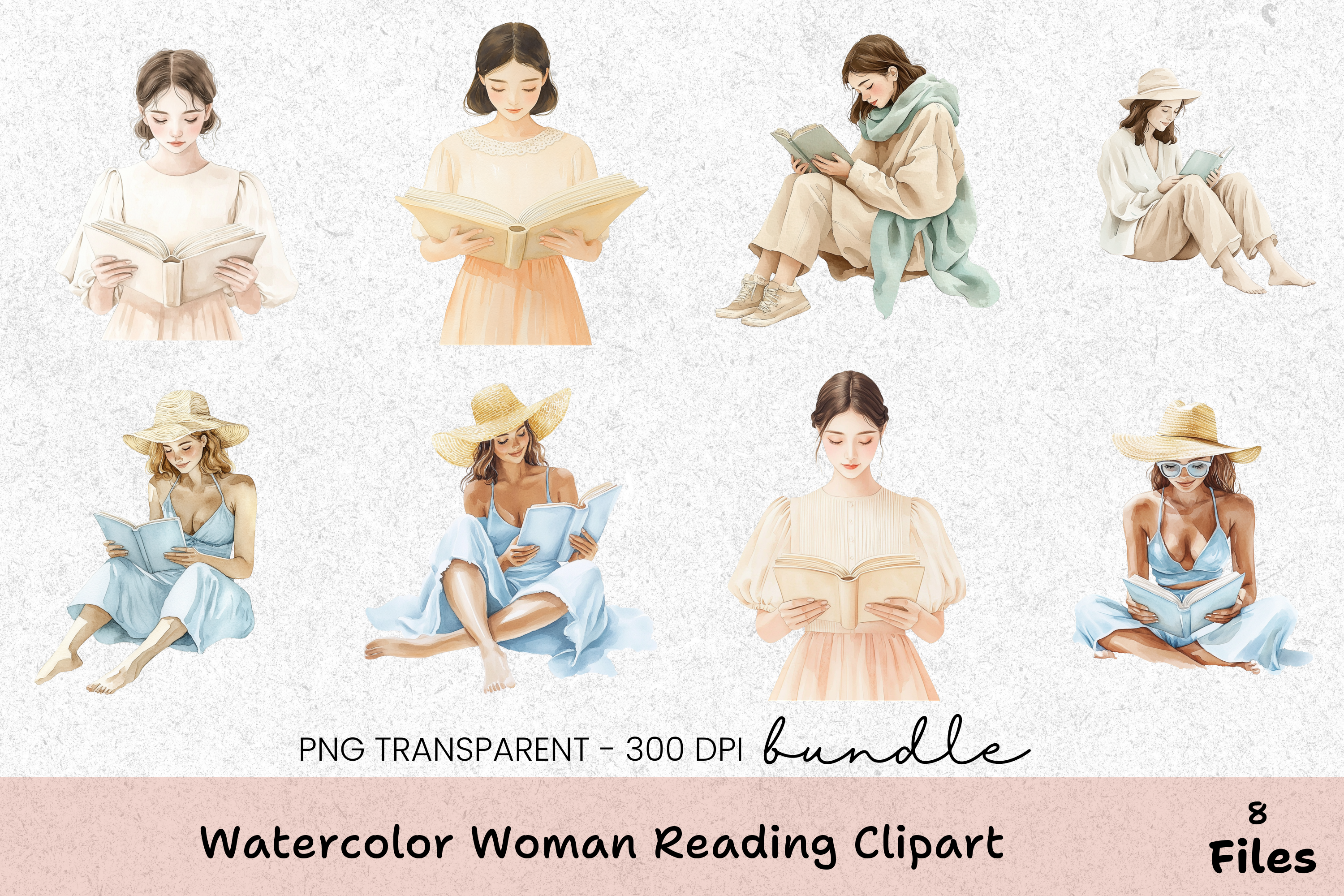Charming Woman Reading Clipart Bundle
