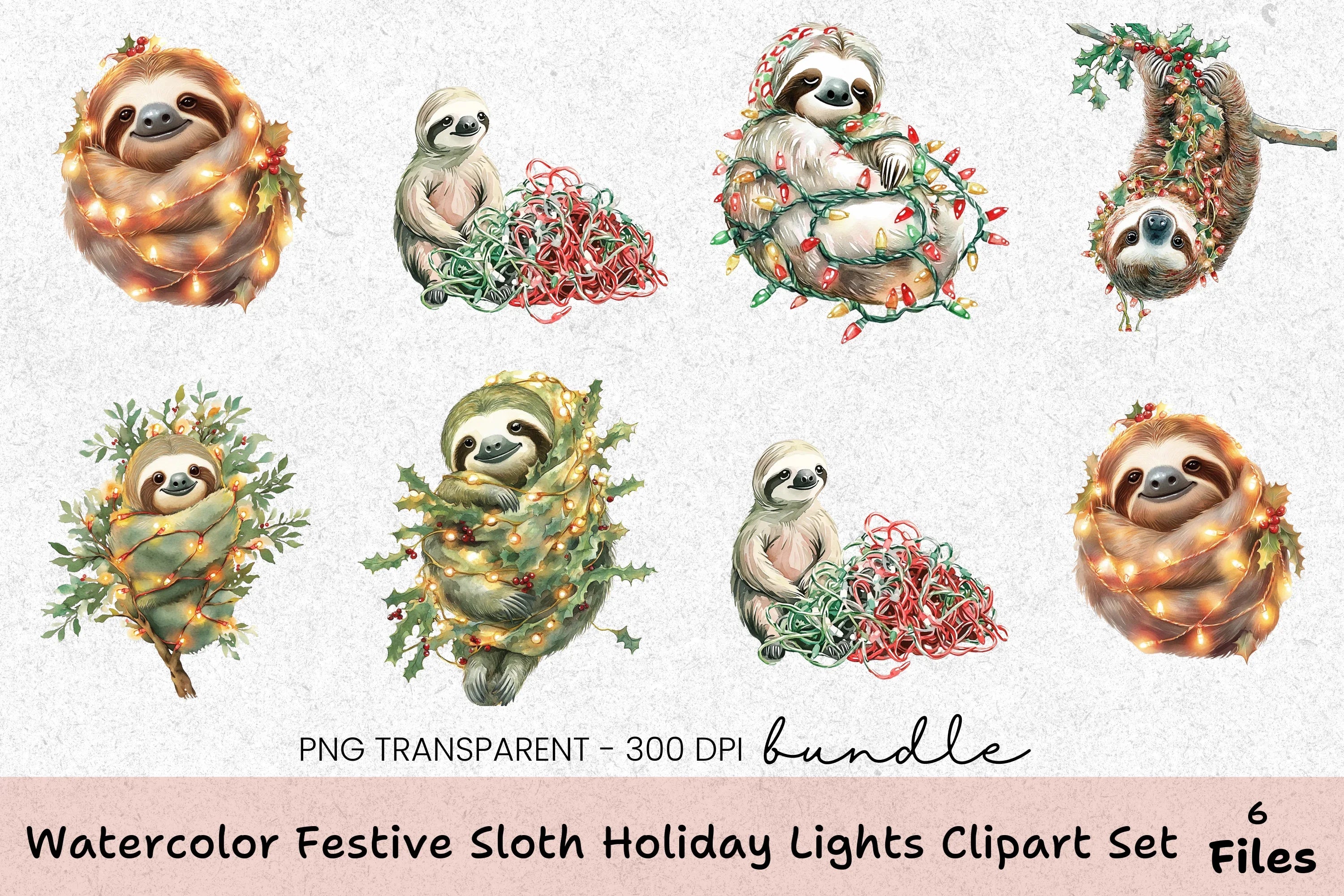 Festive Sloth Holiday Lights Clipart Bundle - CraftNest - Digital Crafting and Art