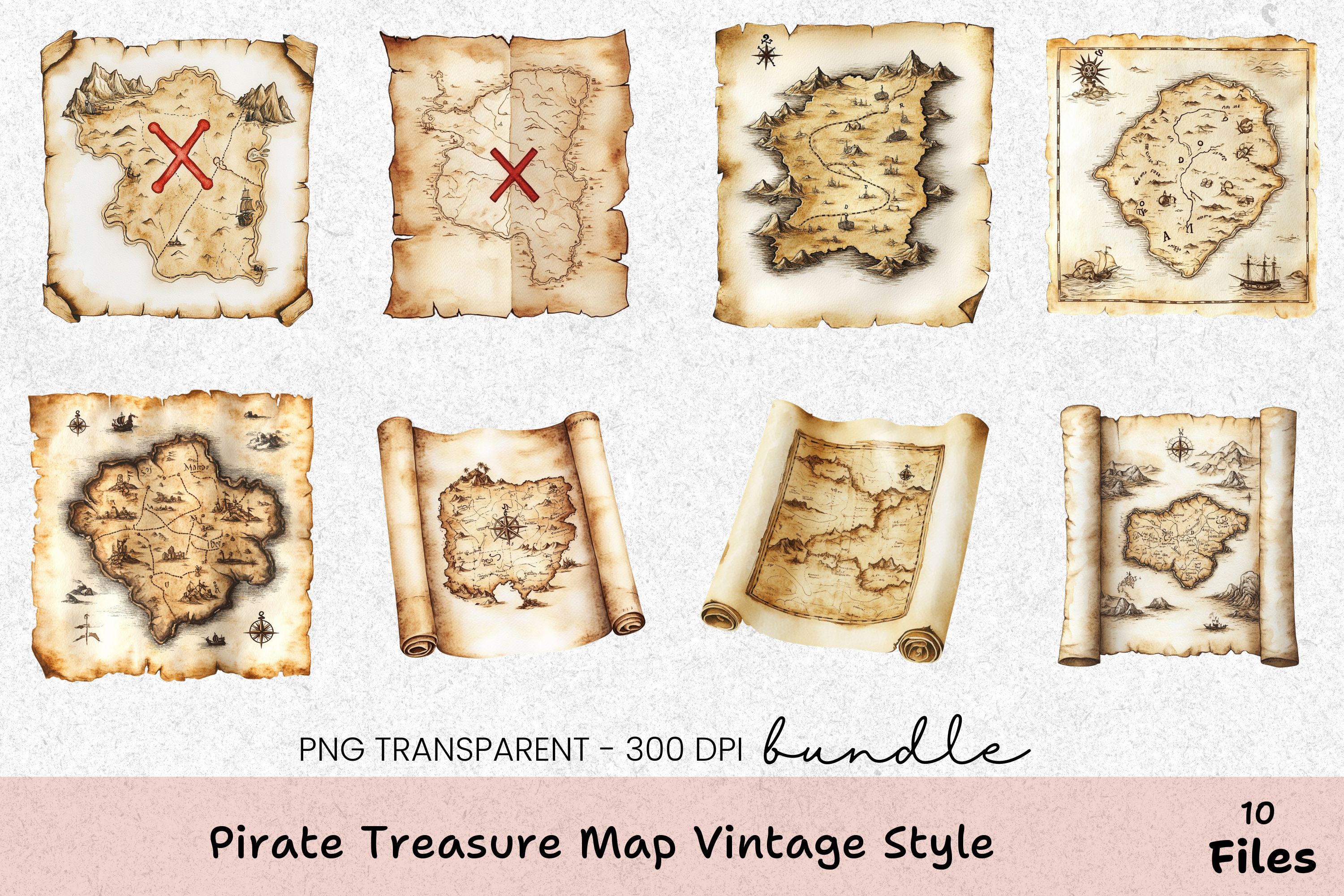 Vintage Pirate Treasure Map Clipart Bundle