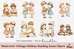 Vintage Children Reading Scene Clipart Bundle - CraftNest - Digital Crafting and Art