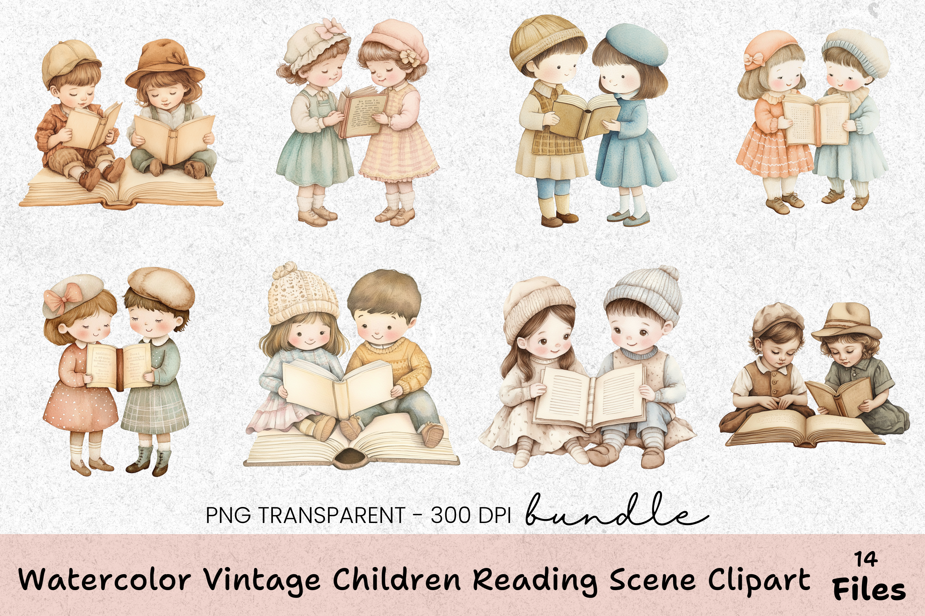 Vintage Children Reading Scene Clipart Bundle