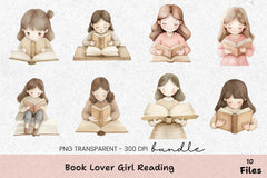 Book Lover Girl Reading Clipart Bundle - CraftNest - Digital Crafting and Art